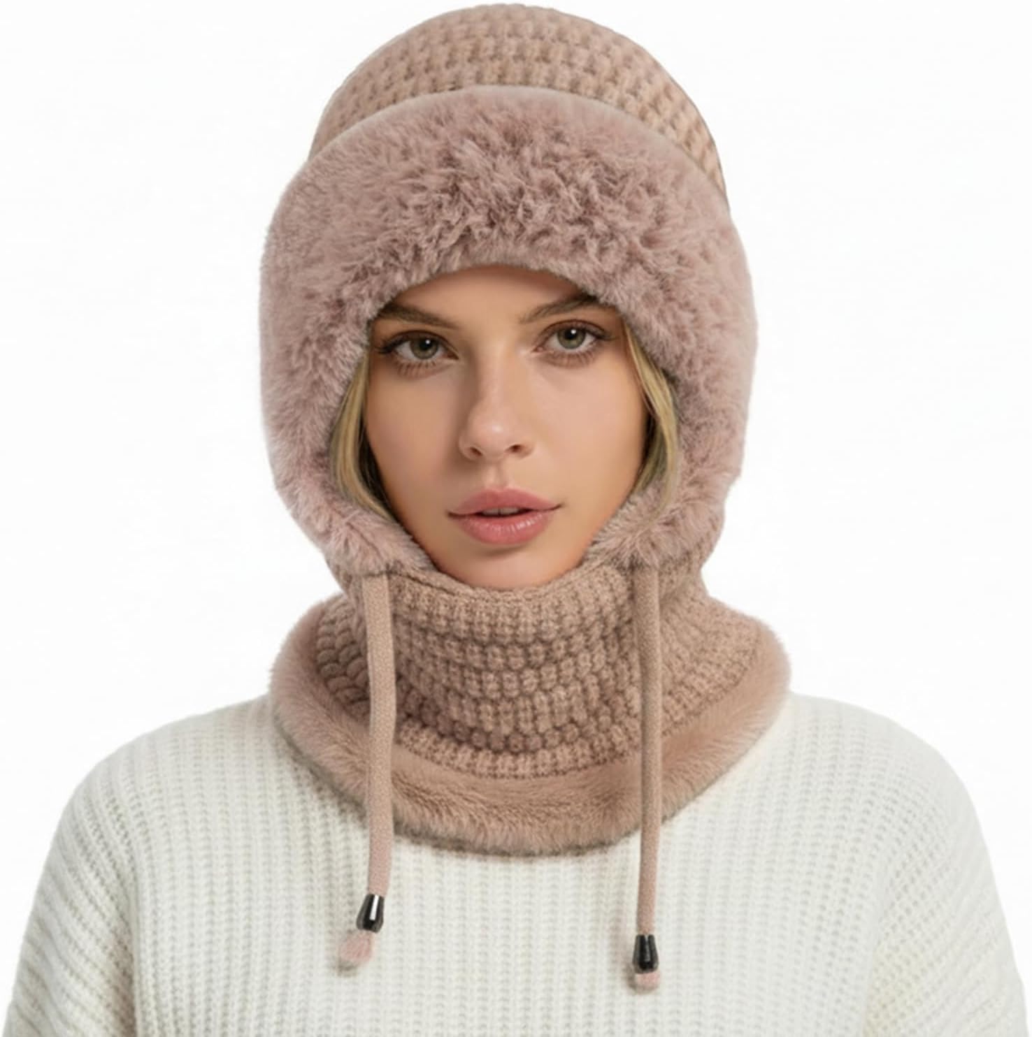 Thumbnail 3 de DRESHOW Women’s winter balaclava knit hat with drawstring hood scarf – 3-in-1 windproof face cover