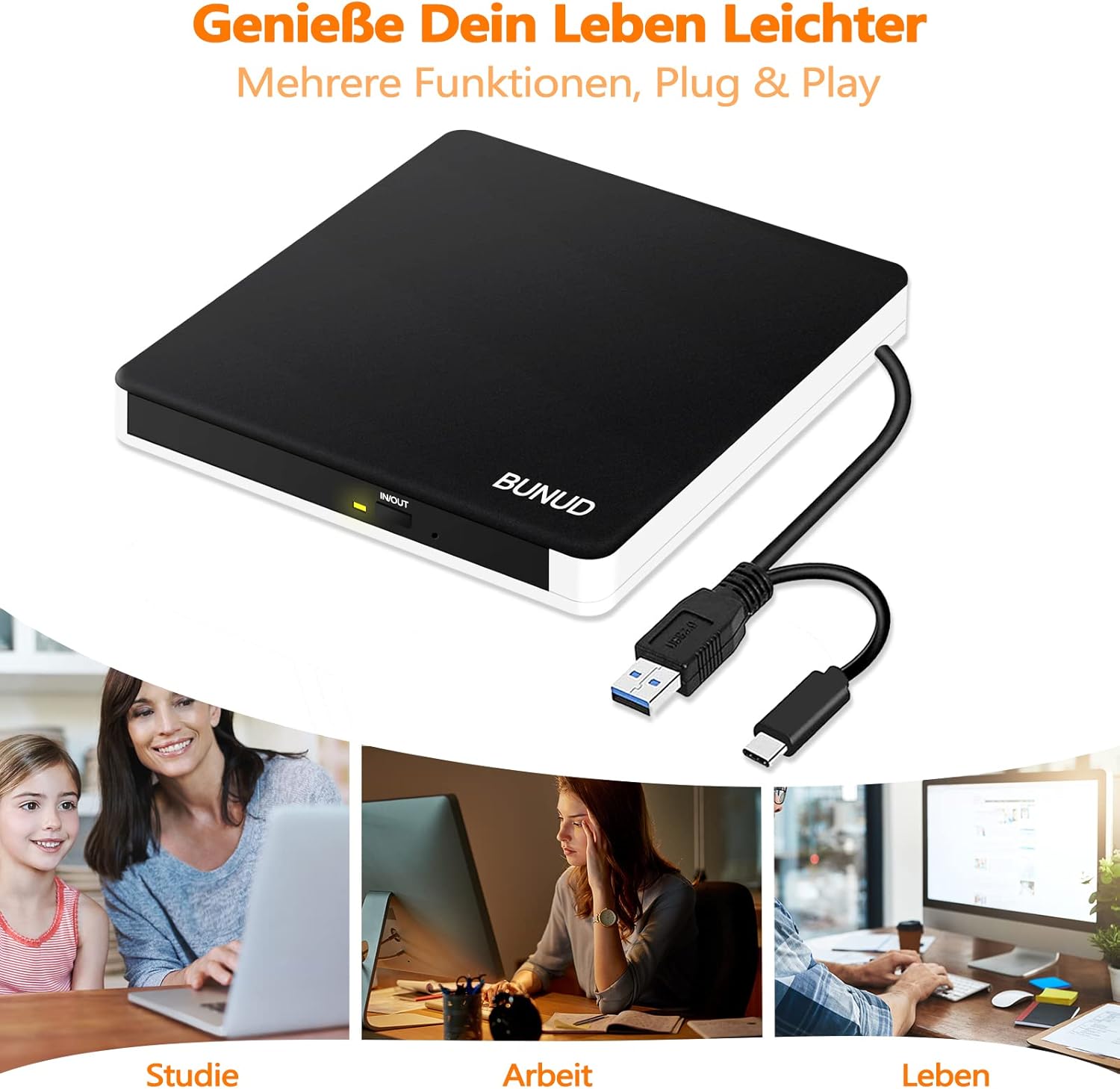 Thumbnail 6 de BUNUD Externes 5-in-1 DVD-Laufwerk für Windows 11 (USB 3.0 / USB-C, SD/TF, CD/DVD Brenner & Player)