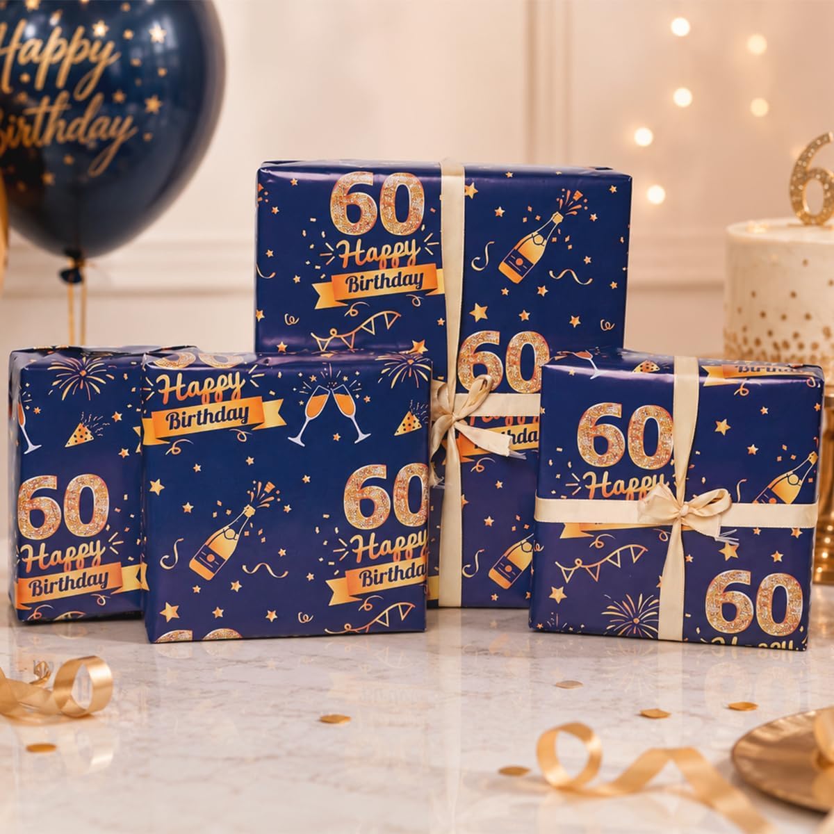 Detalle de 60th Birthday Wrapping Paper Set with Tags & Ribbons (Blue & Gold)