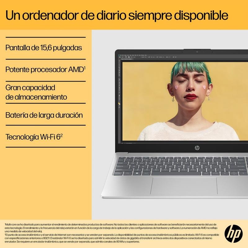Detalle de HP 15-fc0222ns: Portátil 15.6 pulgadas con Ryzen 3 7320U, 8 GB y 512 GB SSD para estudiantes y oficina