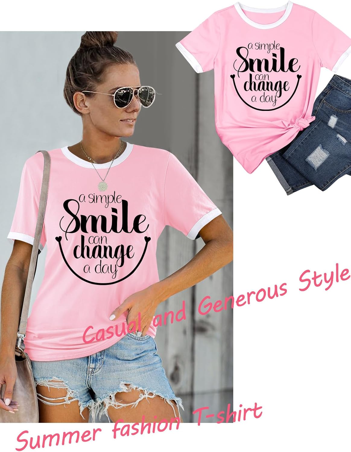 Detalle de WIEIYM Women Round Neck Short Sleeve T-Shirt – Smile Graphic Print Casual Tee