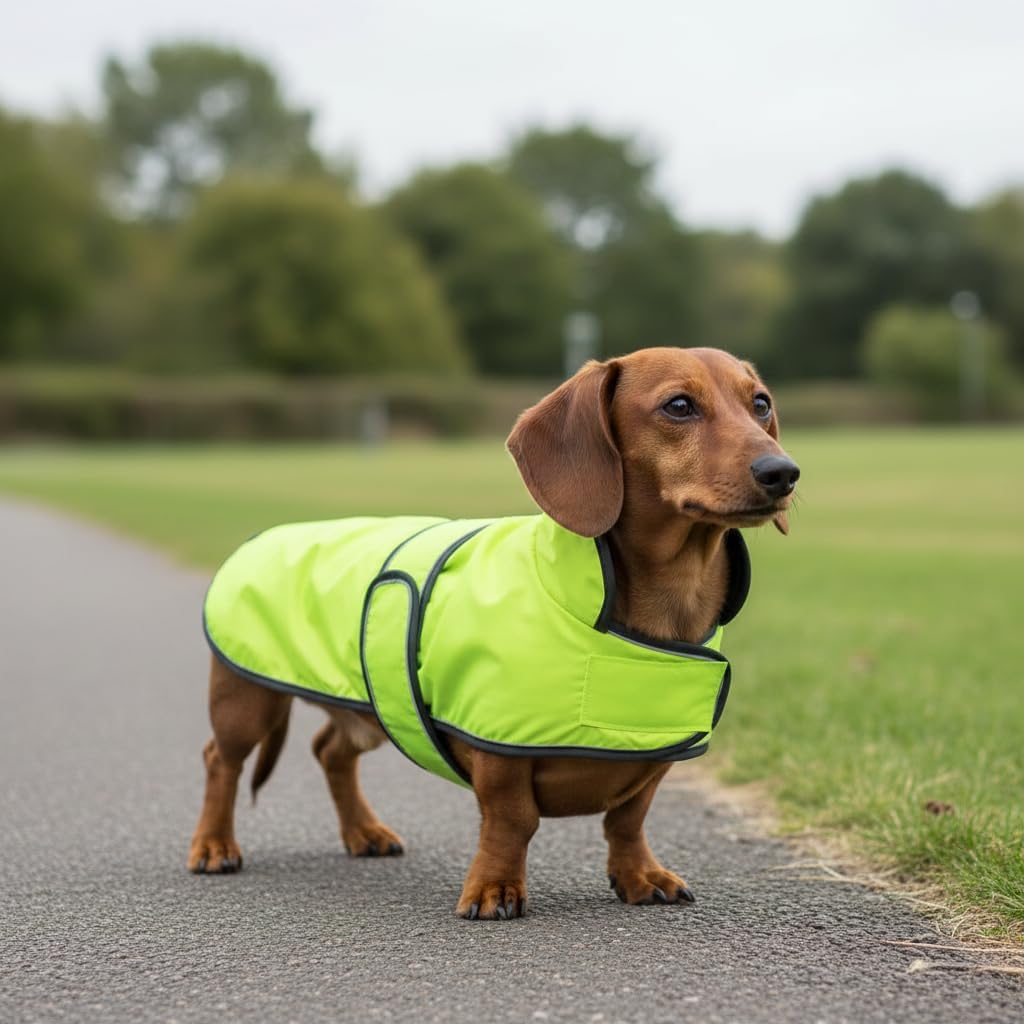 Detalle de Morezi Dachshund raincoat (light green) with reflective stripe, waterproof fit for long-back breeds