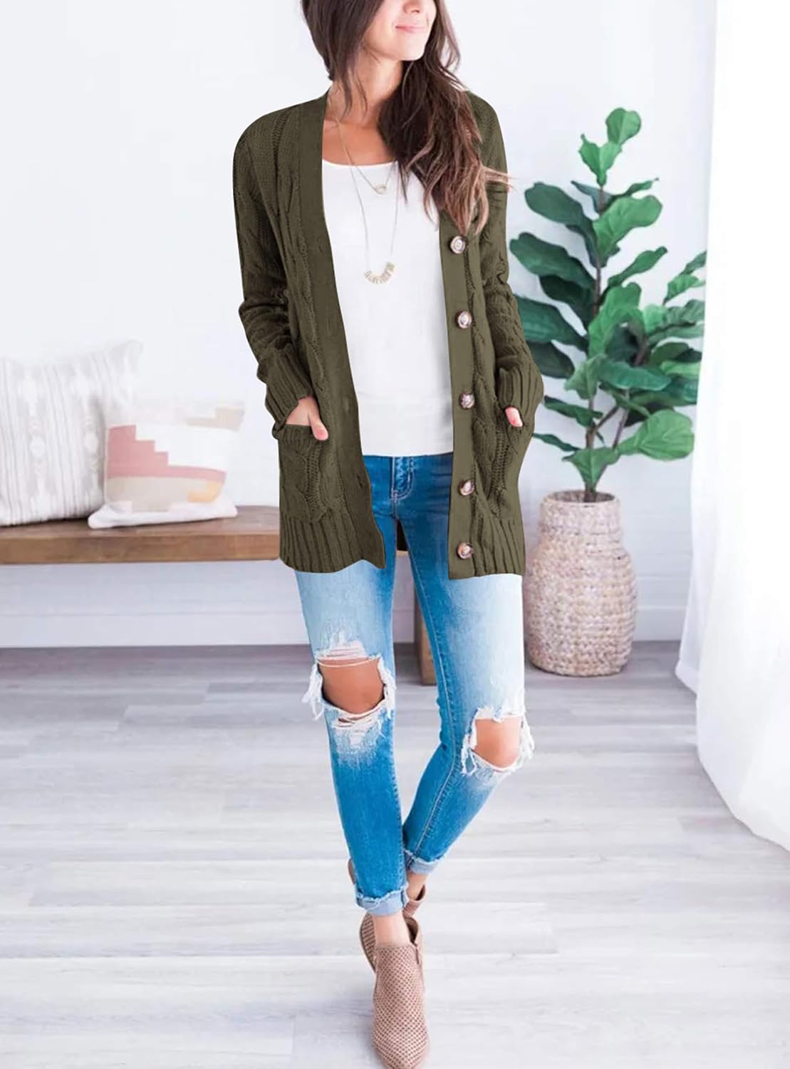 Detalle 2 de PRETTYGARDEN Women's Cable-Knit Cardigan with Buttons, Pockets and Long Sleeves
