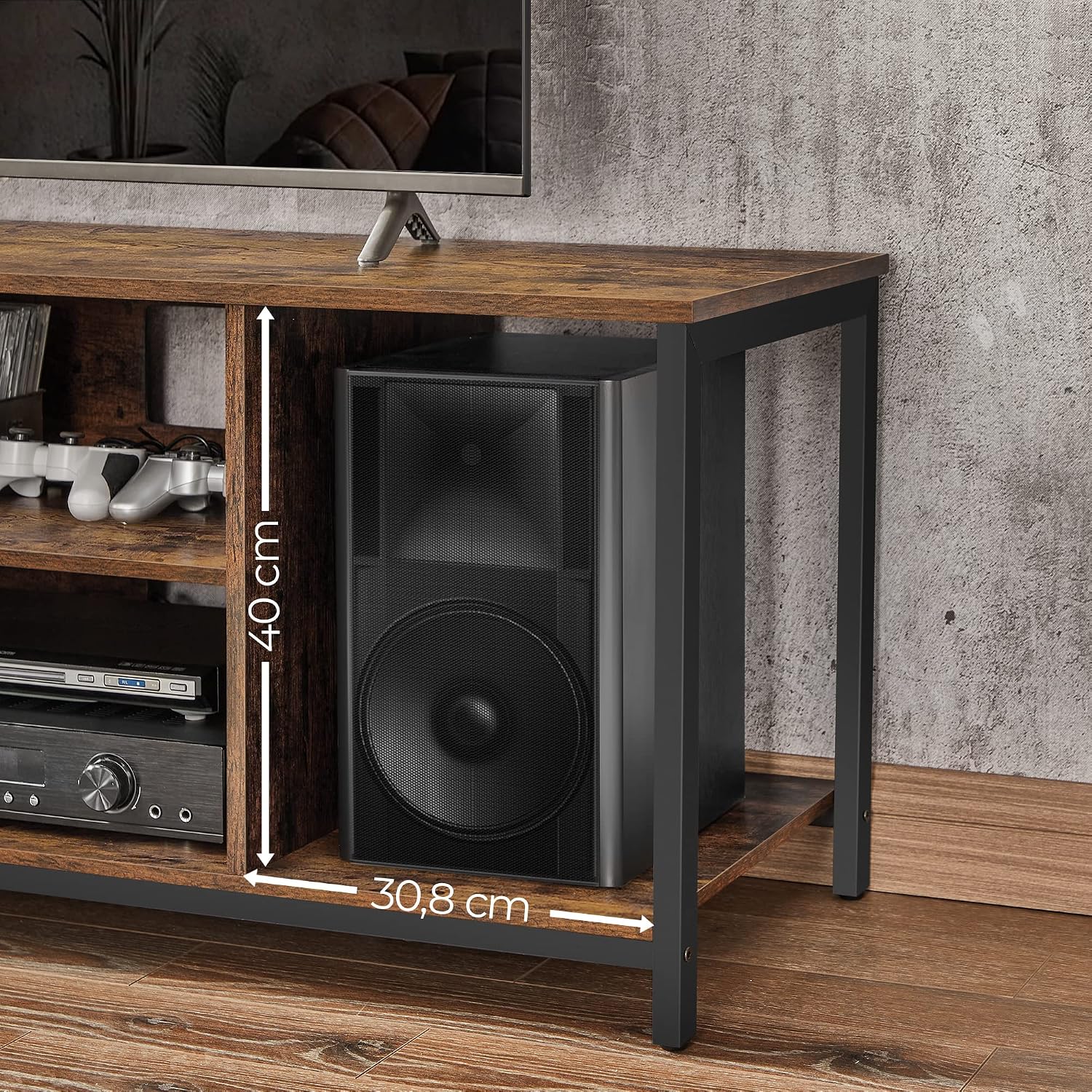 Detalle de VASAGLE LTV060B01 TV Stand, Rustic Brown and Black with Open Shelves