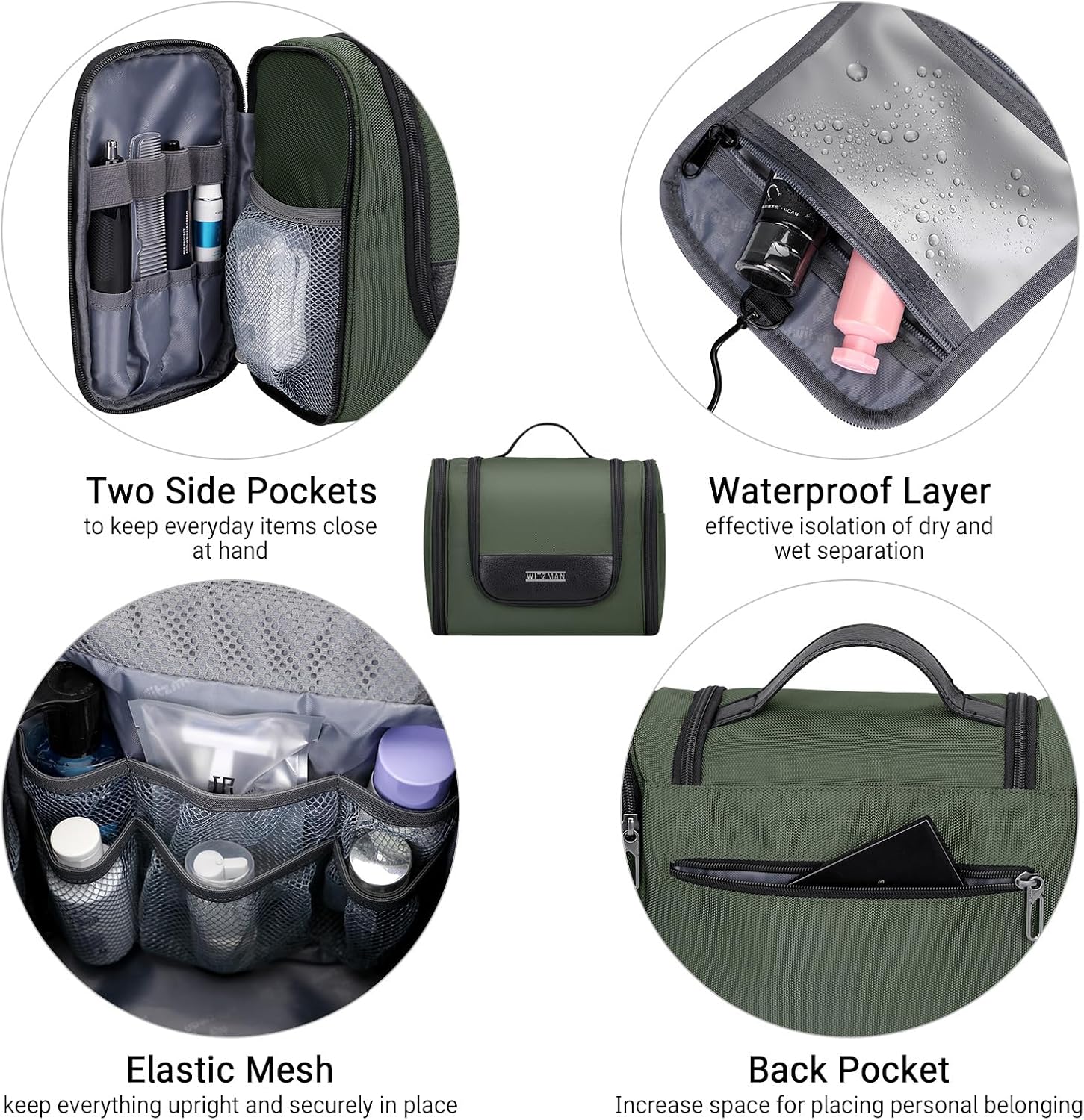 Thumbnail 4 de WITZMAN Large Hanging Toiletry Bag (Army Green) – Multi-Compartment Dopp Kit for Travel