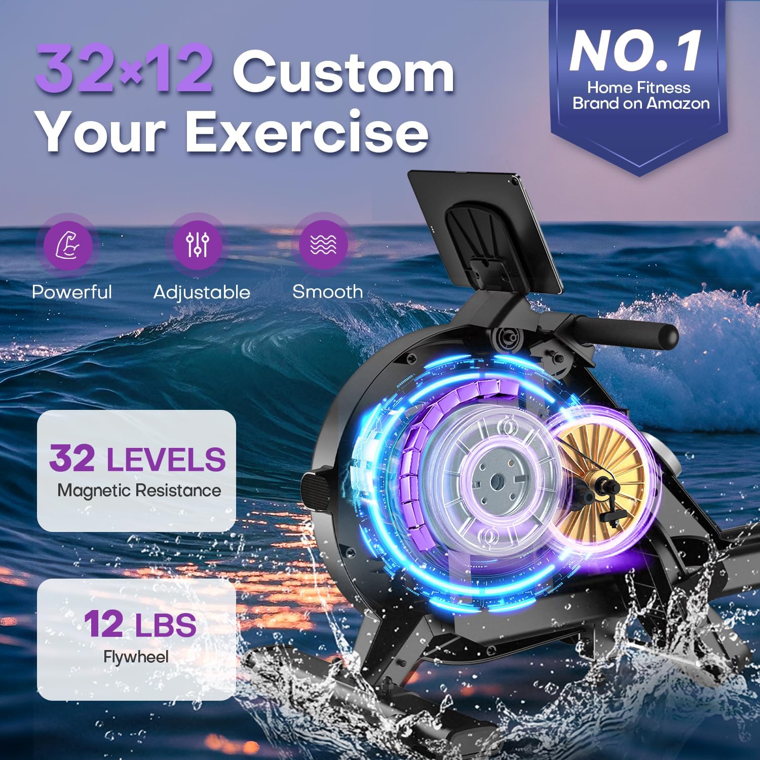 Detalle 2 de MOSUNY Home Rowing Machine with Magnetic Resistance, 32 Levels, App Support, LCD Display, 400 LB Capacity
