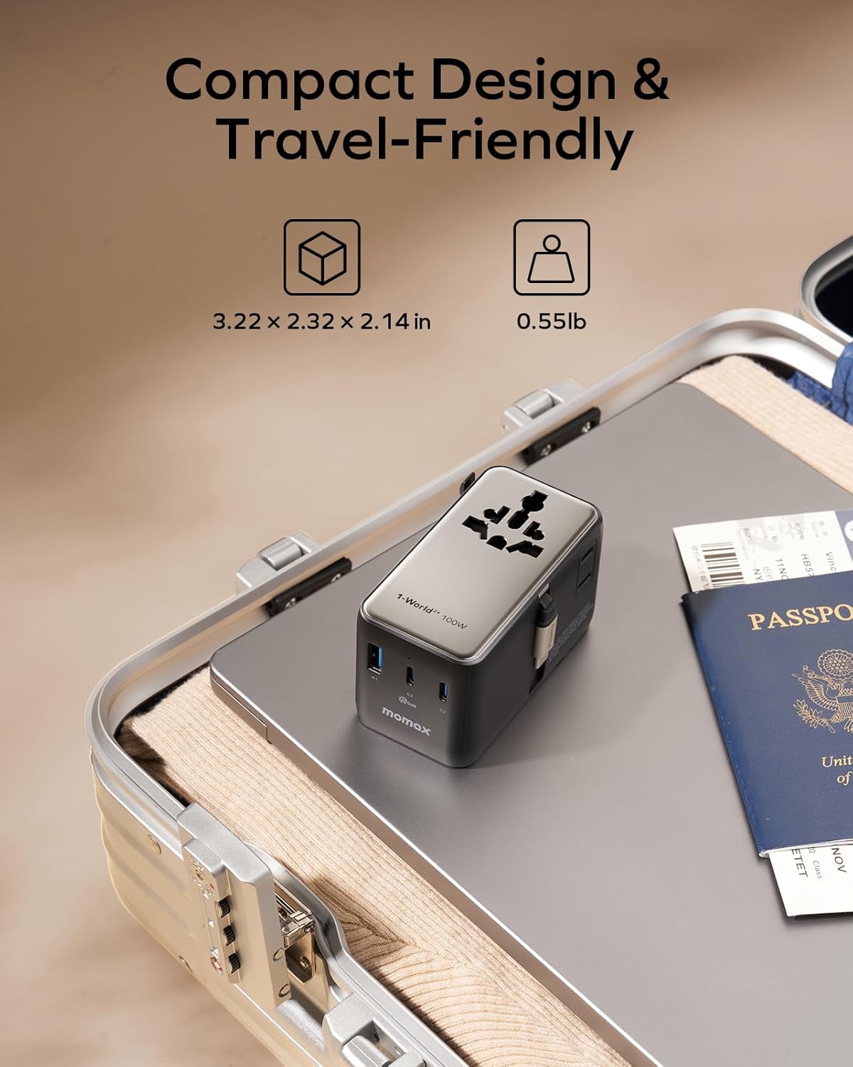 Thumbnail 4 de MOMAX Universal Travel Adapter with Cable — 100W GaN, UK/EU/AU/US Plugs, 2 USB-C PD & 1 USB-A QC