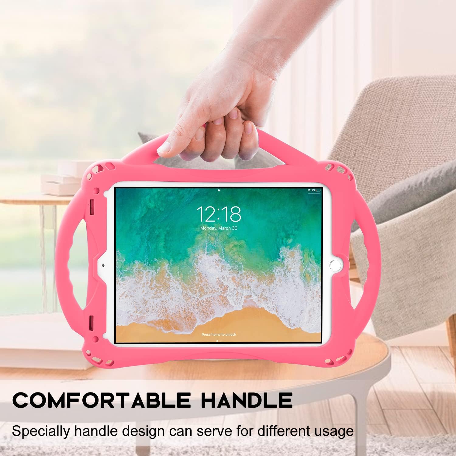 Detalle 2 de TopEsct Kids Case for 9.7-inch iPads (6th/5th Gen, Air 1st/2nd Gen, Pro 2016) with Built-in Kickstand, Handle and Strap – Pink