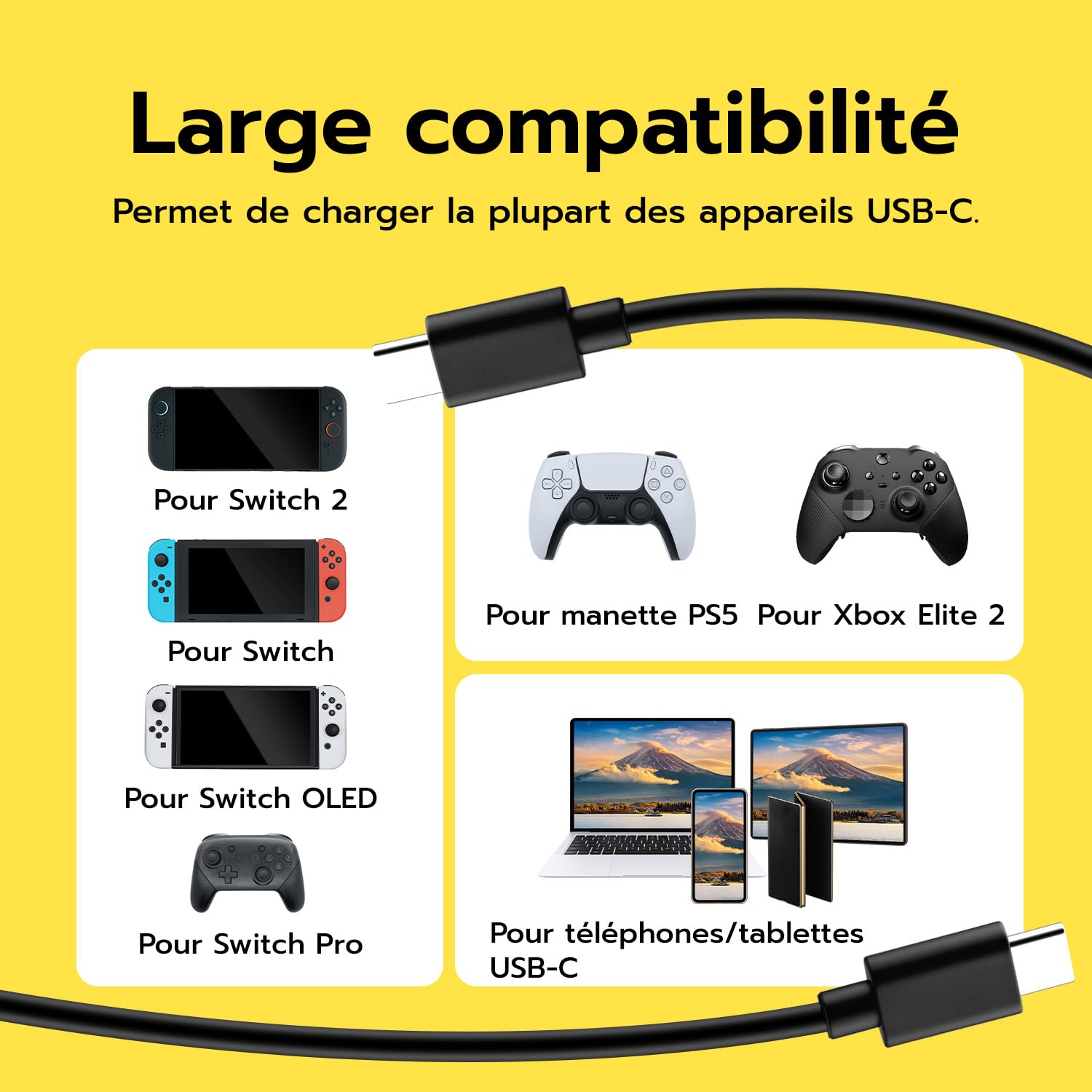 Thumbnail 1 de McBazel câble USB-C 60W (USB-C vers USB-C) 1,5 m pour Nintendo Switch 2/Switch/Switch OLED, manettes PS5 et Xbox Elite Series 2