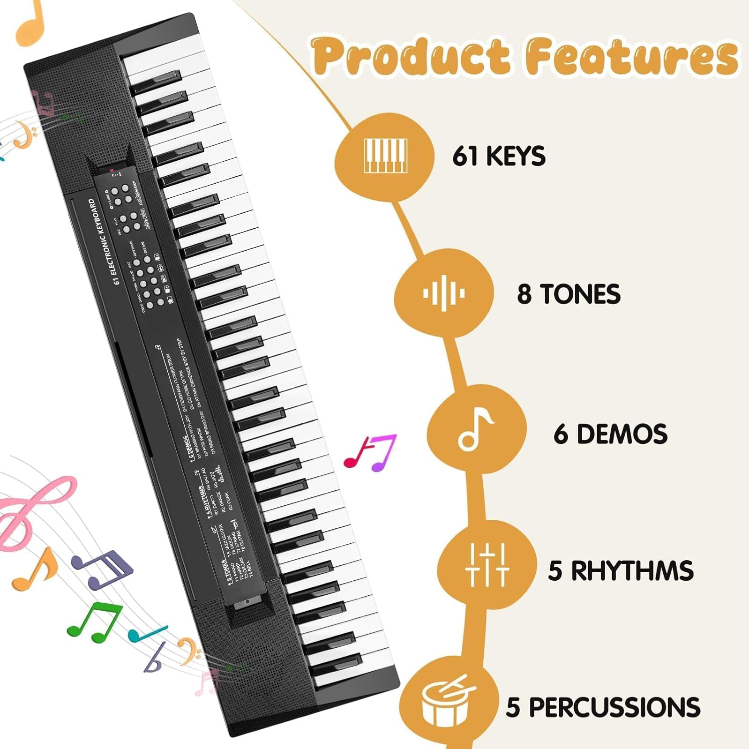 Detalle de Bambini Tastiera Pianoforte Giocattolo Pianola con Microfono - 61 Tasti Portatile, Nero