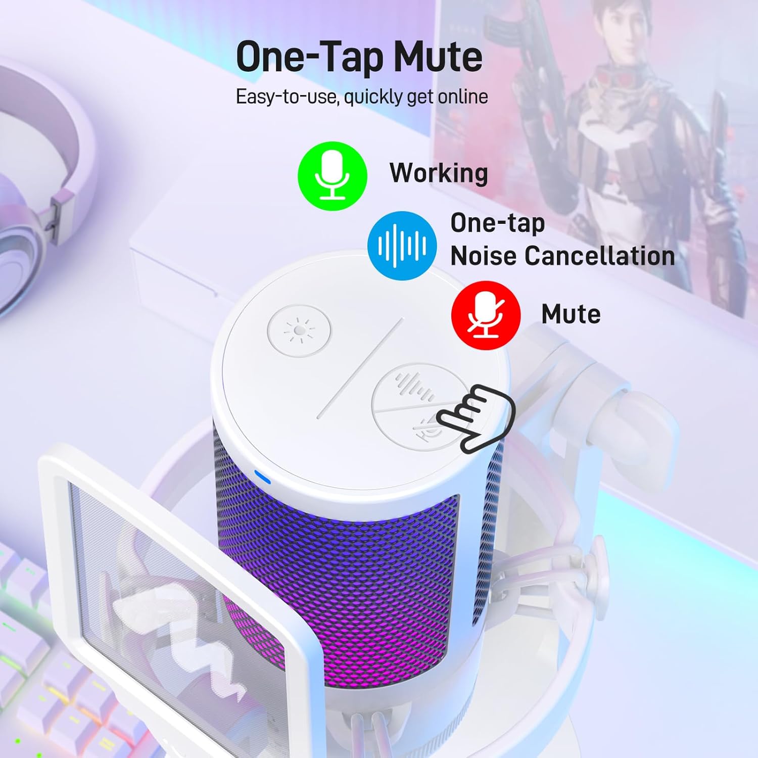 Thumbnail 3 de MAONO DGM20 USB Condenser Microphone (RGB gaming mic with mute button and gain knob) – White