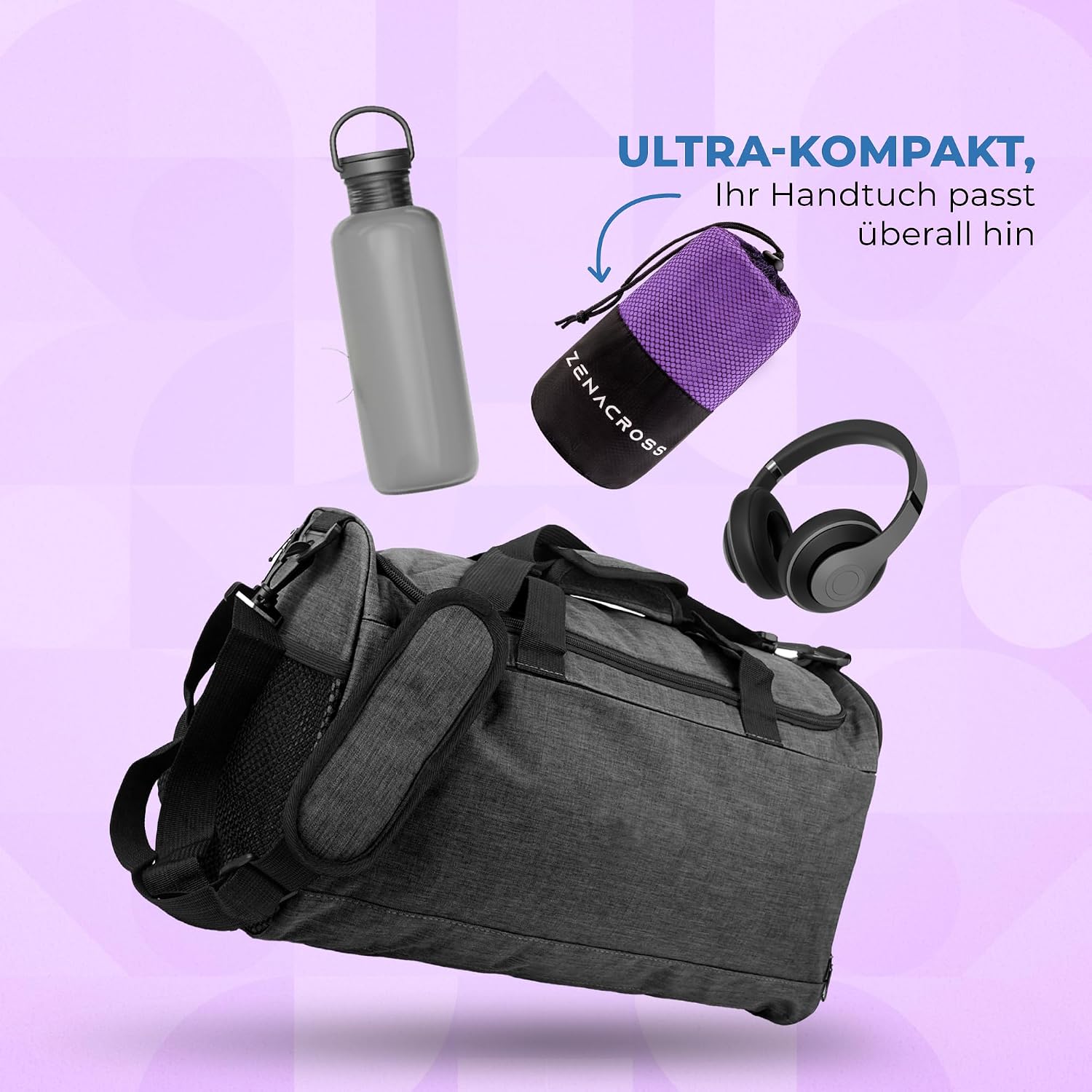 Thumbnail 2 de ZENACROSS Mikrofaser Handtuch 3er Set mit Transportbeutel – schnelltrocknendes Sporthandtuch in Lila (XS, S, M, L)