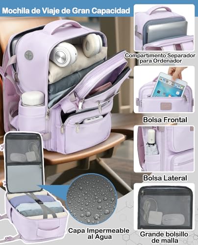 Detalle 2 de LYNXCHER Mochila de viaje 30 L, 45 x 36 x 20 cm, para portátil de 15,6 pulgadas, lila