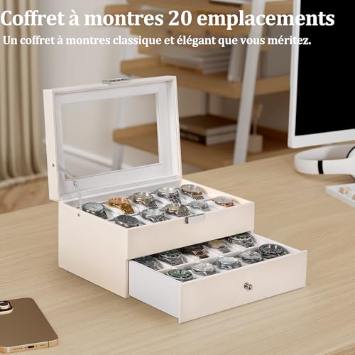 Detalle 2 de BEWISHOME Boite à Montre Organisateur 20 Emplacements – Blanc