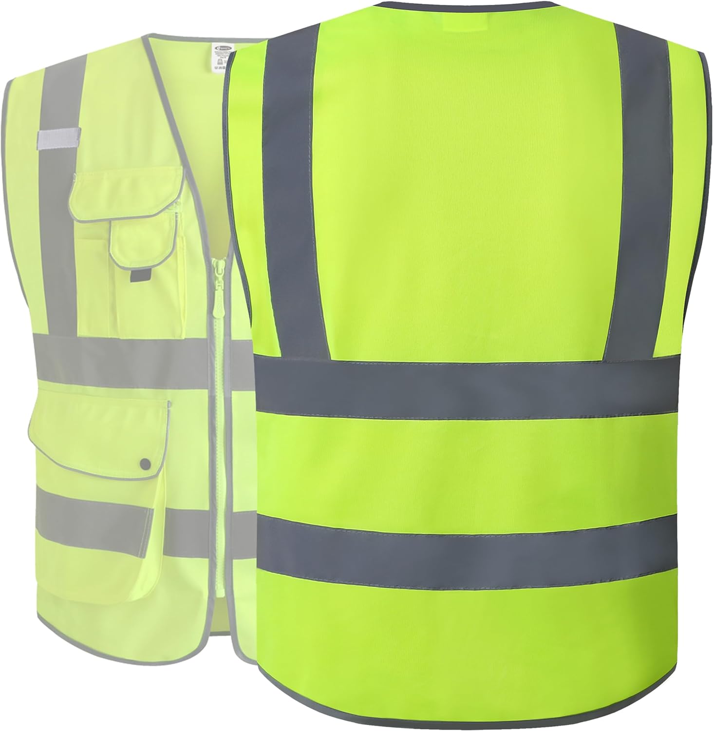 Detalle 2 de JKSafety 9-Pocket Class 2 High-Visibility Zipper Safety Vest (ANSI/ISEA 107 Class 2 Type R) — Large, 150-Yellow