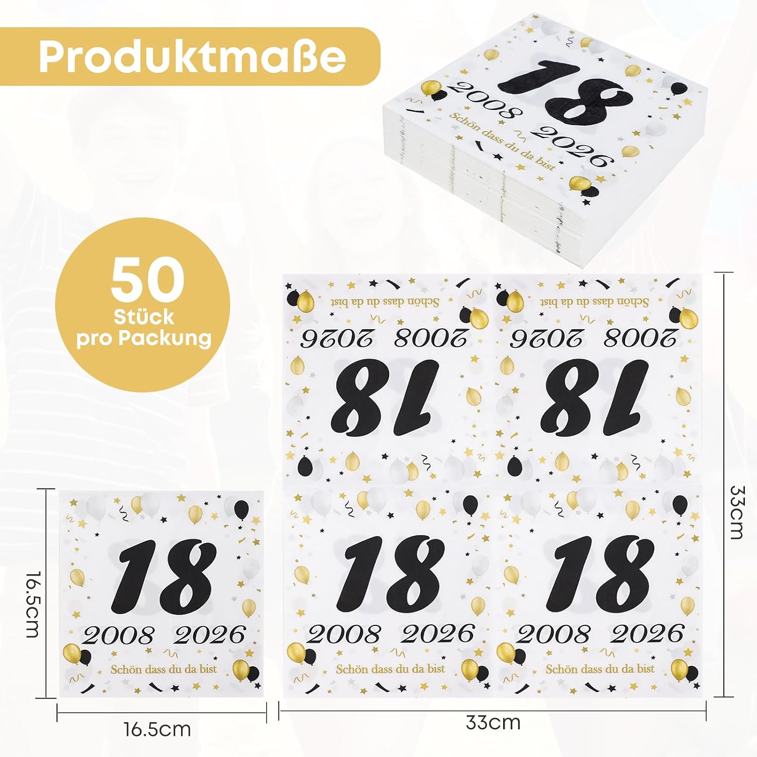 Detalle 2 de 50 Stück Servietten zum 60. Geburtstag (Schwarz/Gold) mit Zahl 60 und „Schön dass du da bist“ – Tischdeko 1966–2026