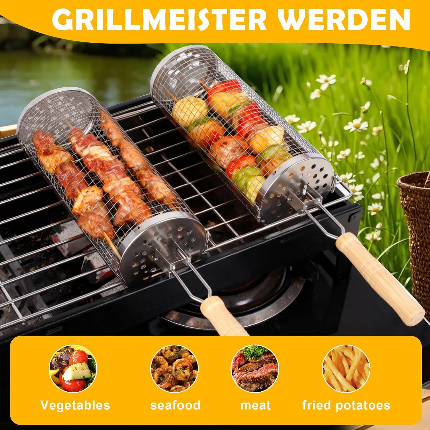 Detalle 2 de LIAILA 7-delige grillmandset van 304 RVS met afneembare greep
