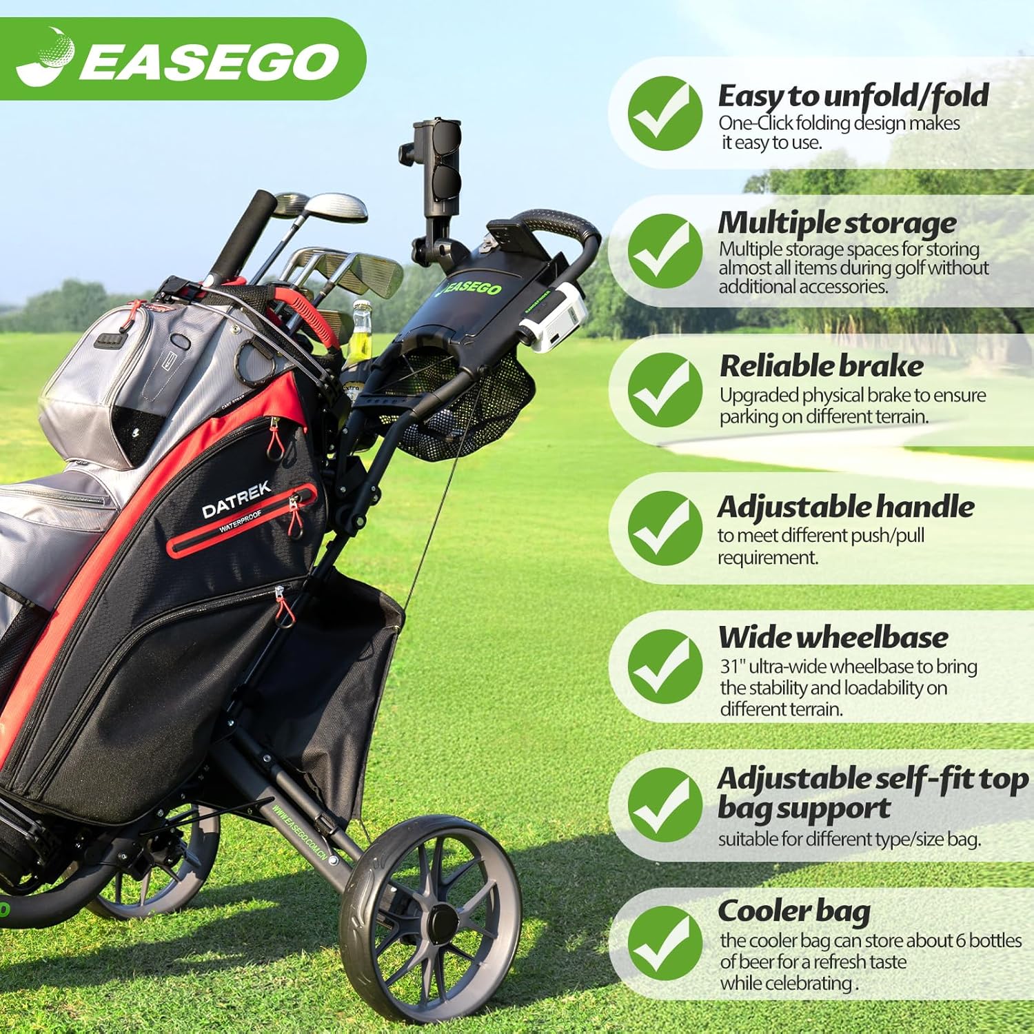 Detalle 2 de EASEGO 3-Wheel Golf Cart: Foldable All-Terrain Push Cart with Phone, Cup, and Umbrella Holders