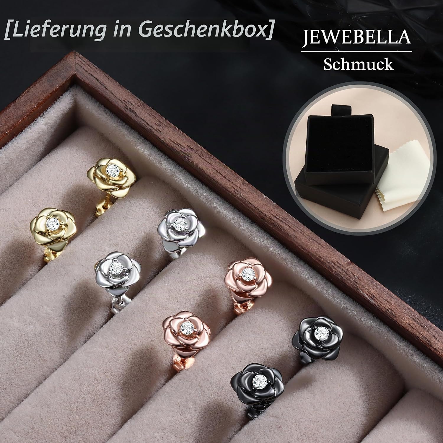 Detalle de JeweBella kleine Rosen-Ohrstecker aus Silber 925 mit 5A+ Zirkonia – hypoallergen für Damen & Mädchen