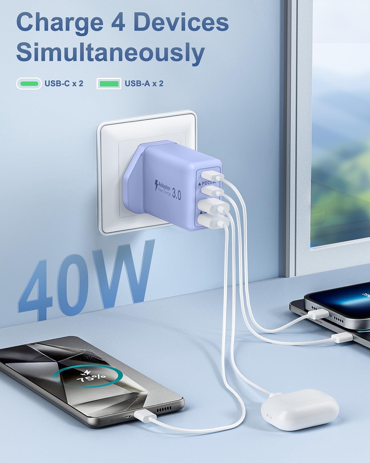 Thumbnail 2 de Saqykan 40W 4-Port USB Plug UK Fast Charger