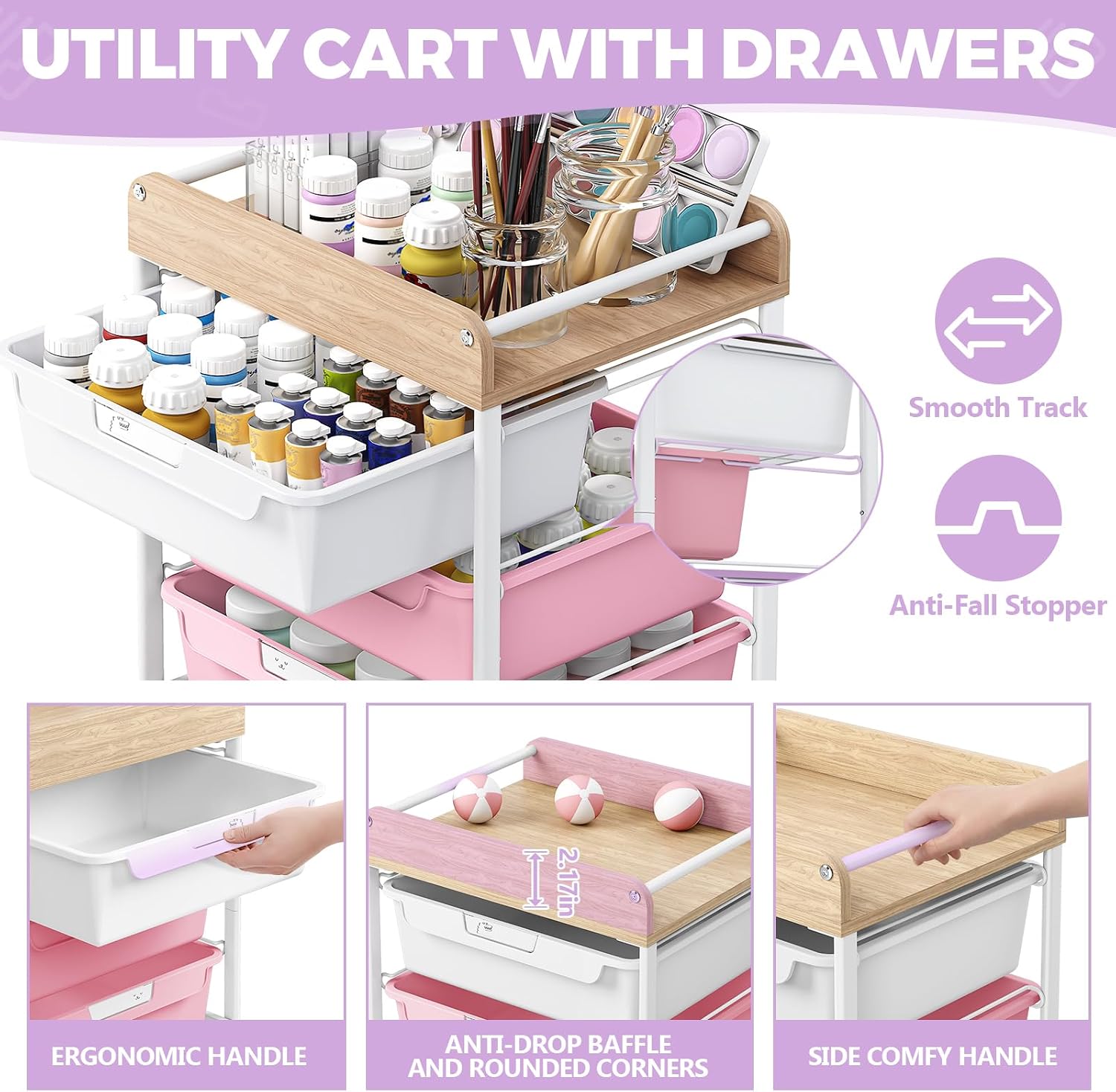 Thumbnail 4 de SYKIARIOL 5-Drawer Rolling Utility Cart with Wooden Tabletop, Purple