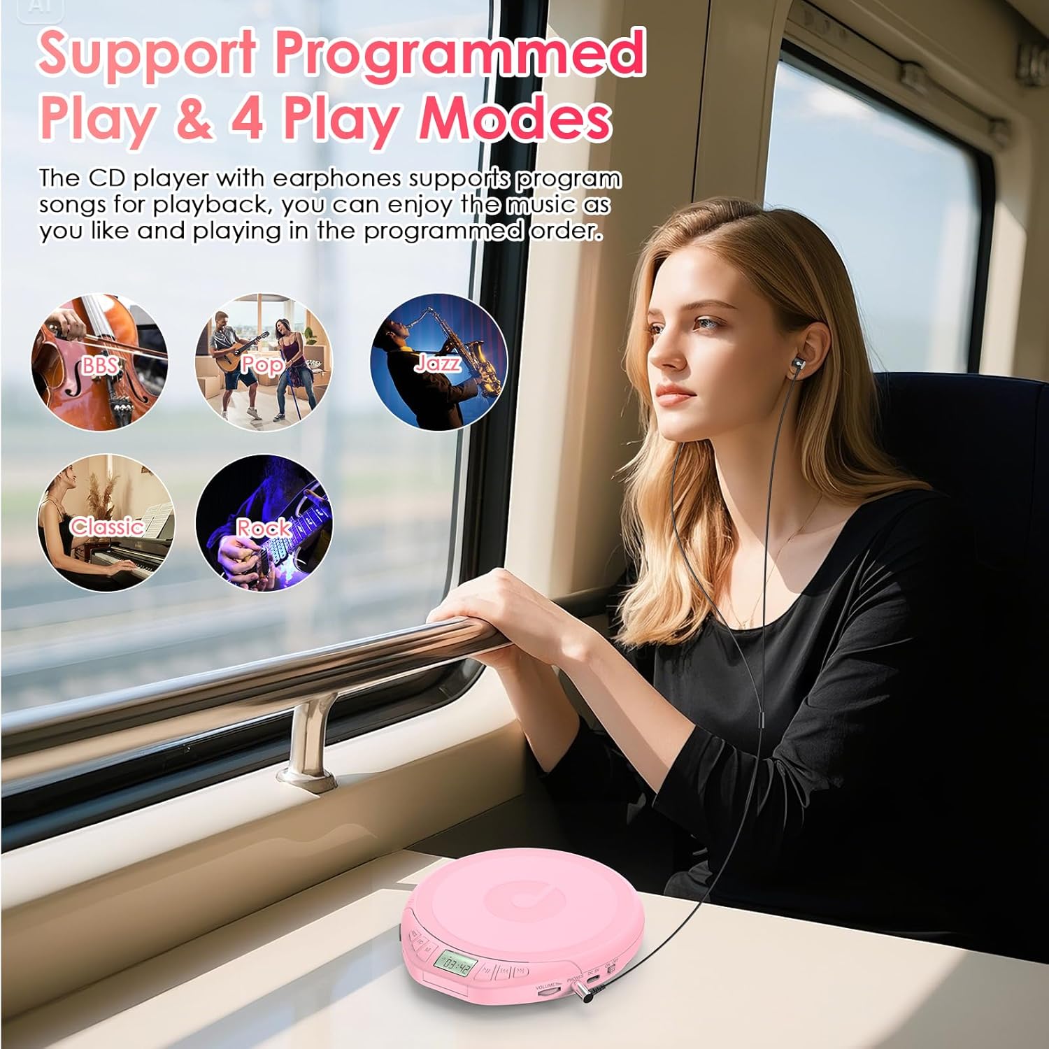 Detalle de Gueray CD Player Tragbar für Kinder – Tragbarer Discman mit LCD-Display, ASP und Rosa-Variante