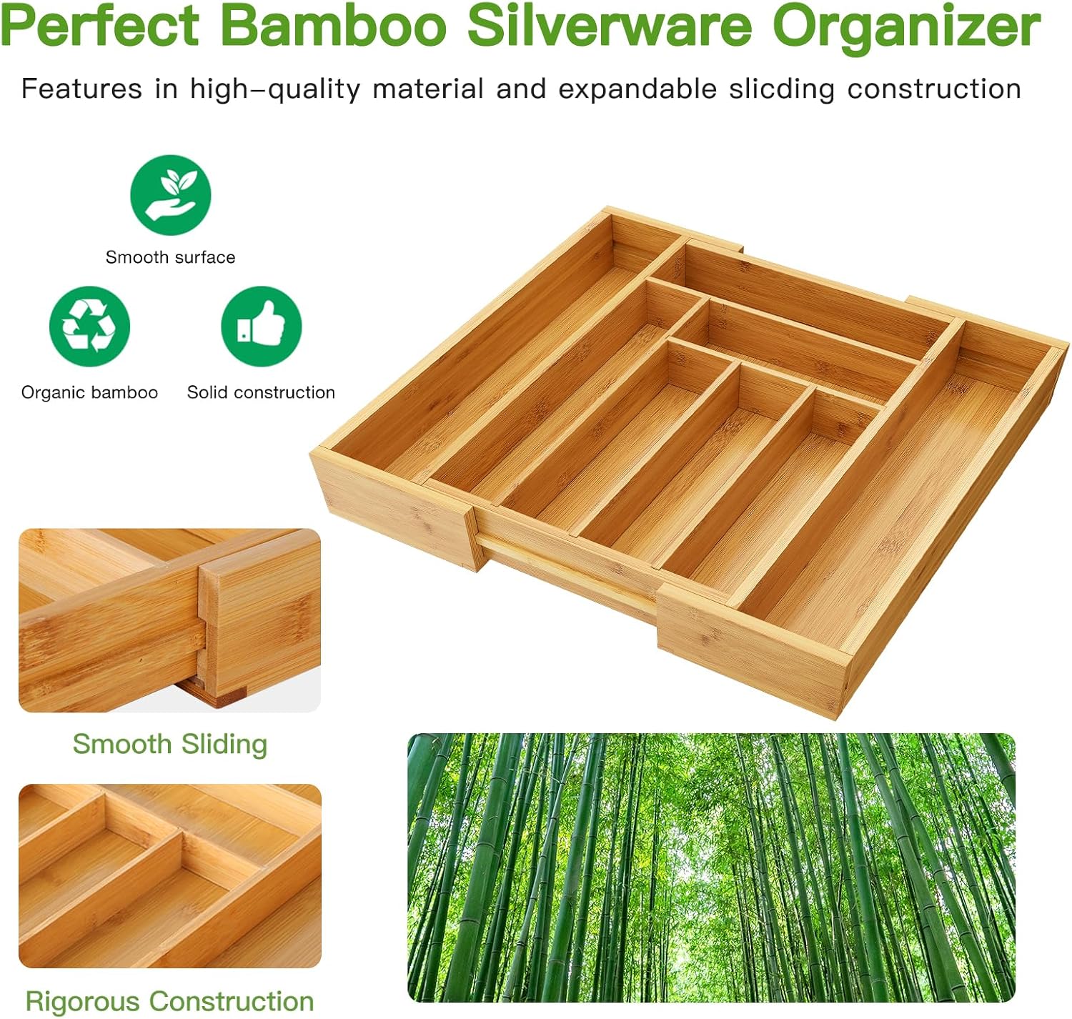 Thumbnail 4 de Pipishell Bamboo Expandable Silverware Drawer Organizer (Adjustable Utensil Tray)