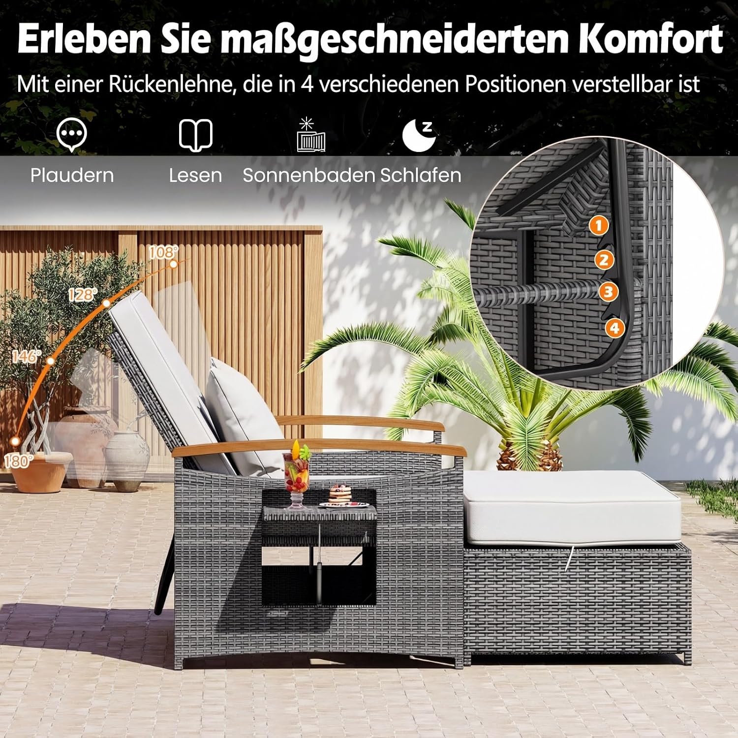 Detalle de COSTWAY Polyrattan Sonnenliege: Verstellbare Rückenlehne, Seitenablage und Doppel-Loungemöbel für Garten und Balkon