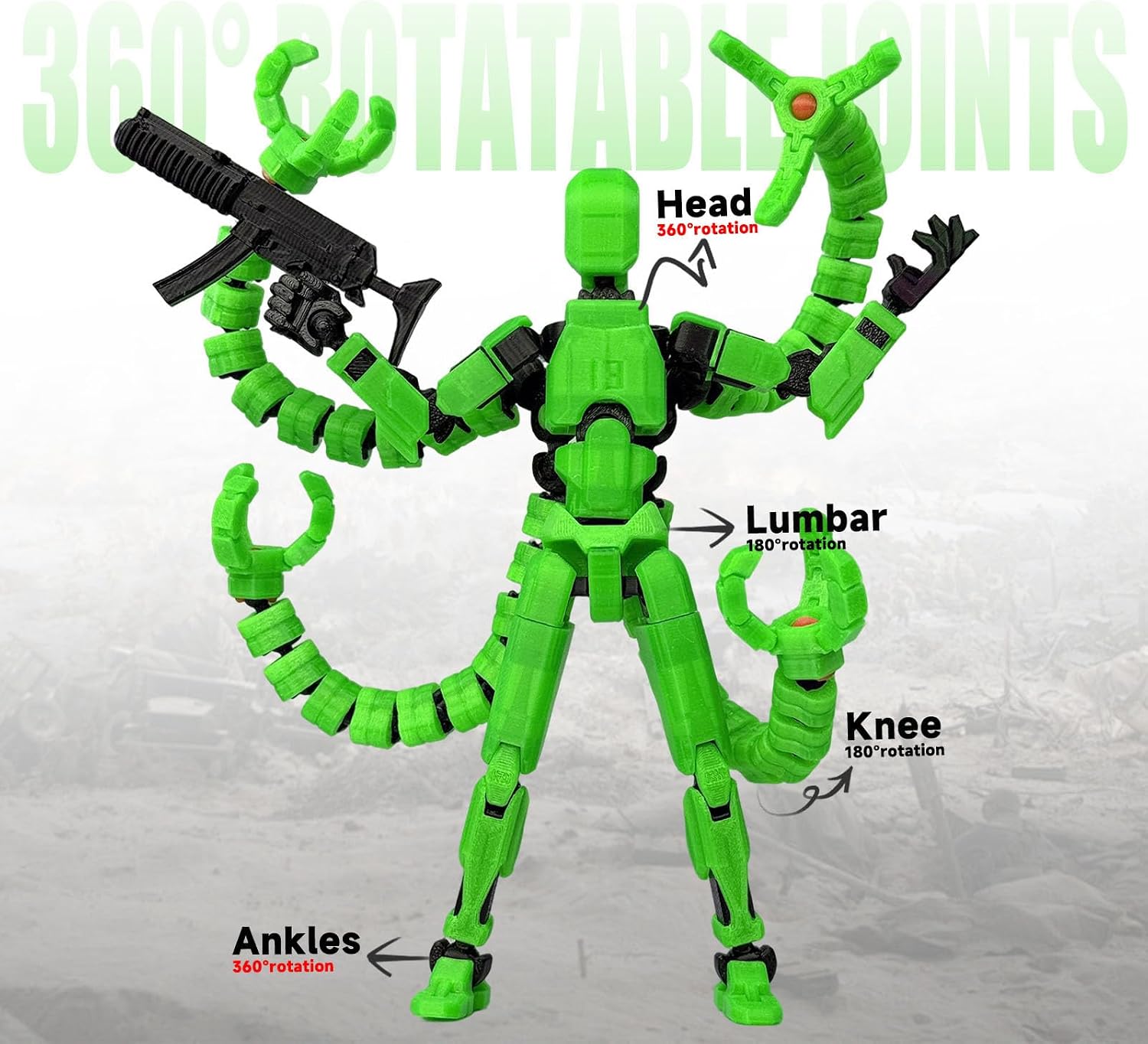 Detalle 2 de PkghoKids 13 3D-Printed Robot Action Figure, 7.2-Inch Luminous Green