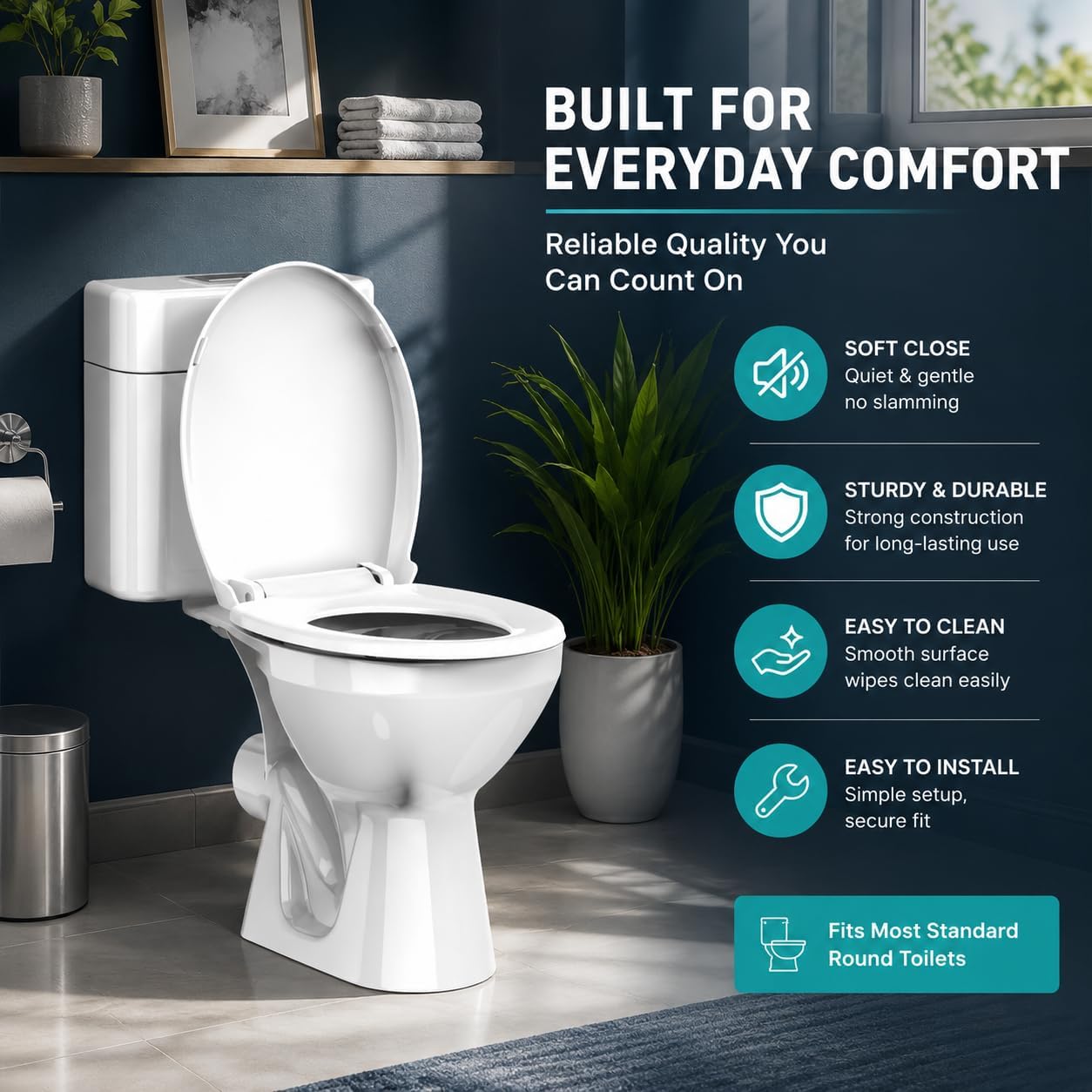 Detalle 2 de Meydrdou CCP005 Round Toilet Seat, 16.5-Inch Soft-Close PP Plastic, White