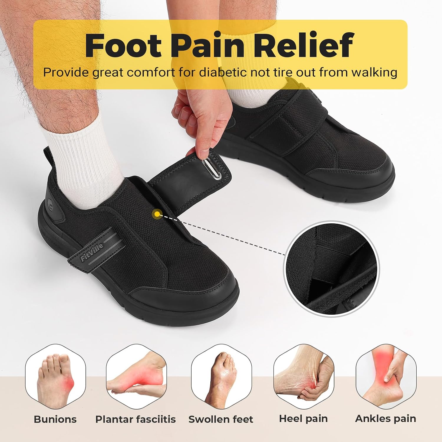 Detalle 2 de FitVille Chaussures diabétiques homme Extra Larges à scratch pour marche des seniors