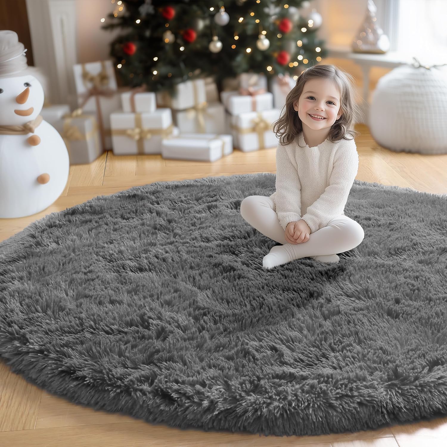 Detalle de Amdrebio 6-Foot Round Gray Shag Area Rug, Plush Polyester with Non-Slip Backing