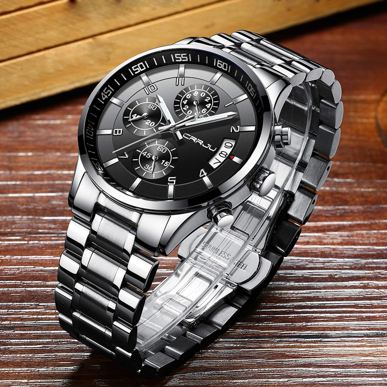 Detalle 2 de CRRJU Herren Chronographen-Uhr wasserdicht mit blauem Zifferblatt, Edelstahlband und Kalender