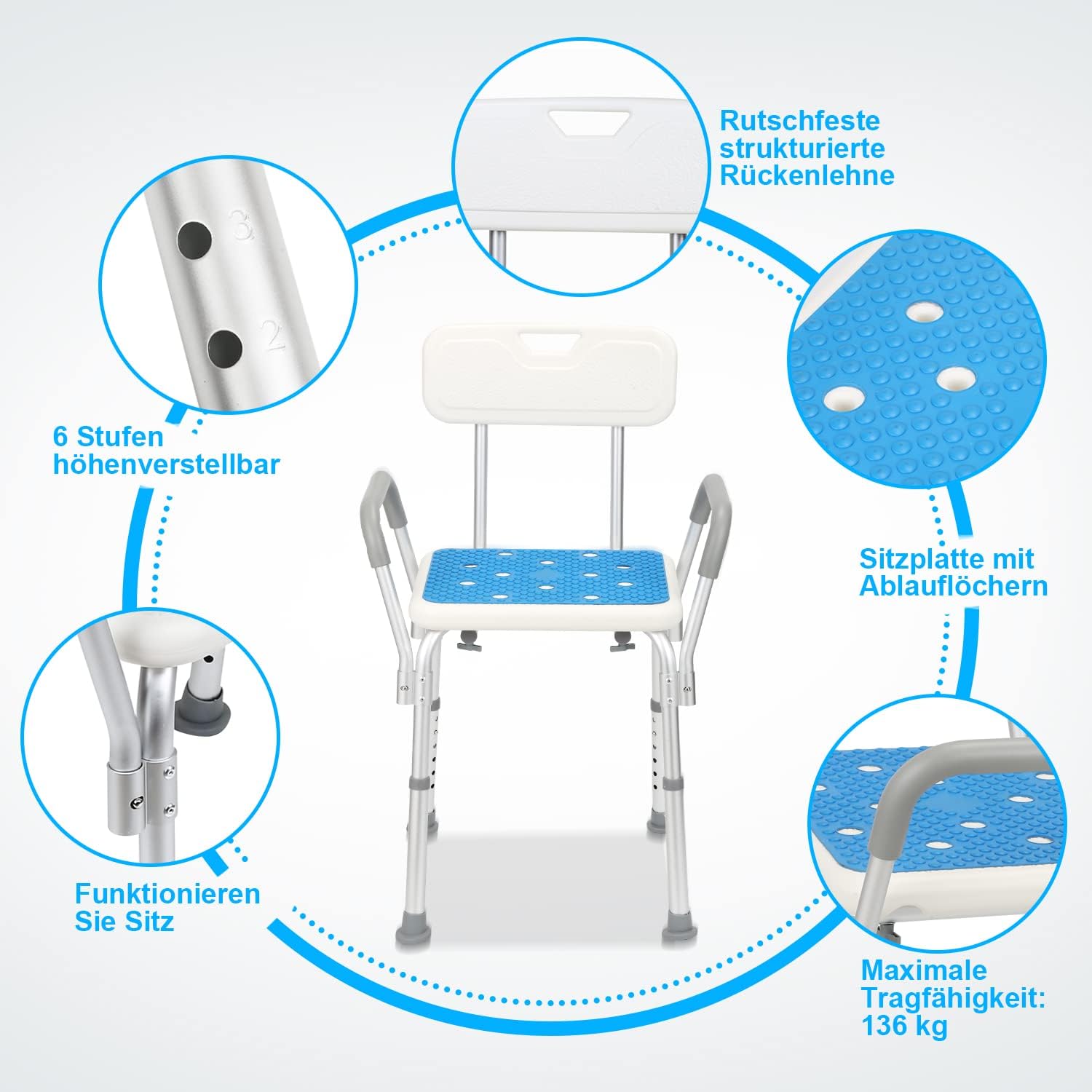 Thumbnail 2 de Sonnewelt sgabello da doccia con schienale e bracciolo regolabile in altezza (41–53,5 cm)
