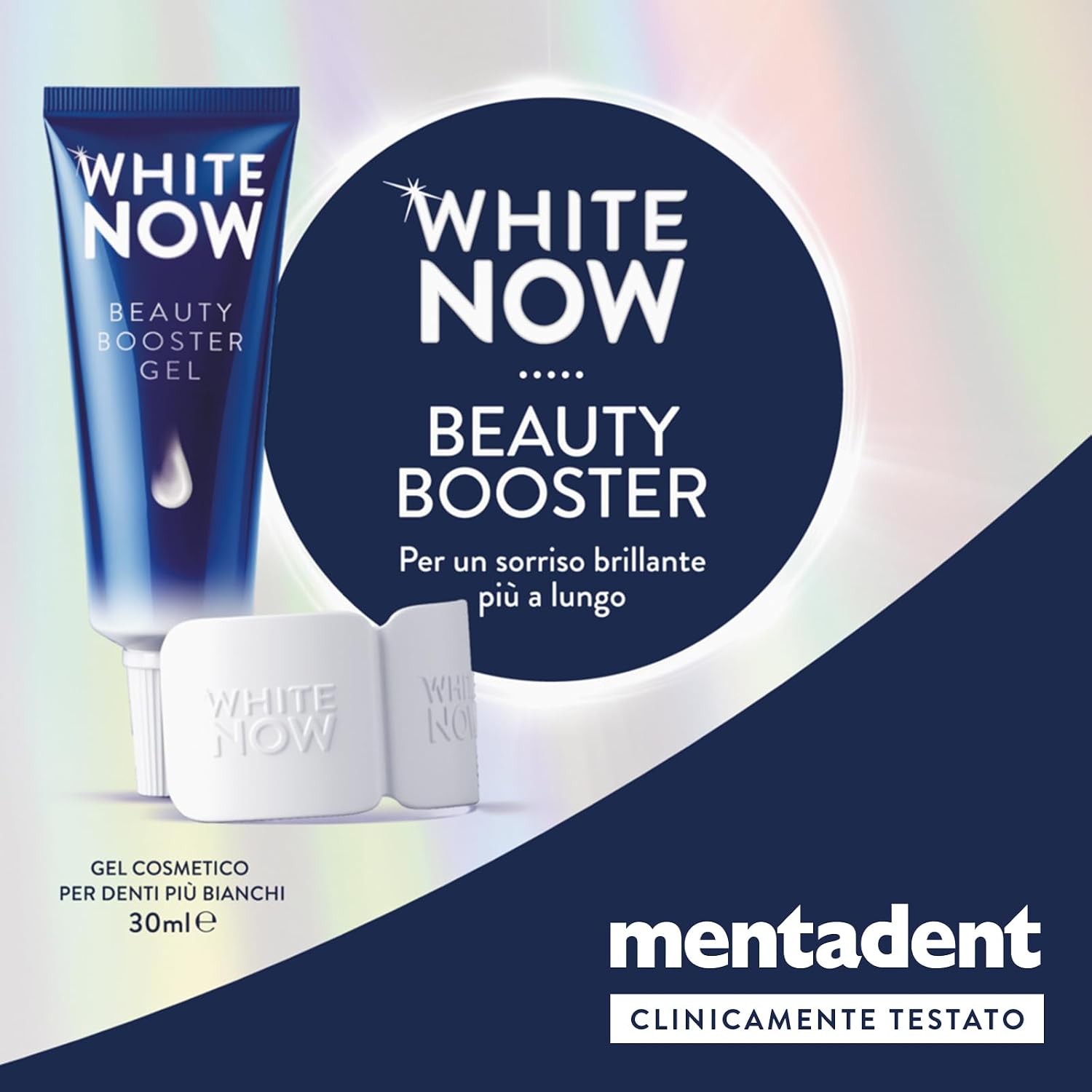 Detalle 2 de Mentadent White Now Beauty Booster: kit gel cosmetico sbiancante da 30 ml per un sorriso più luminoso