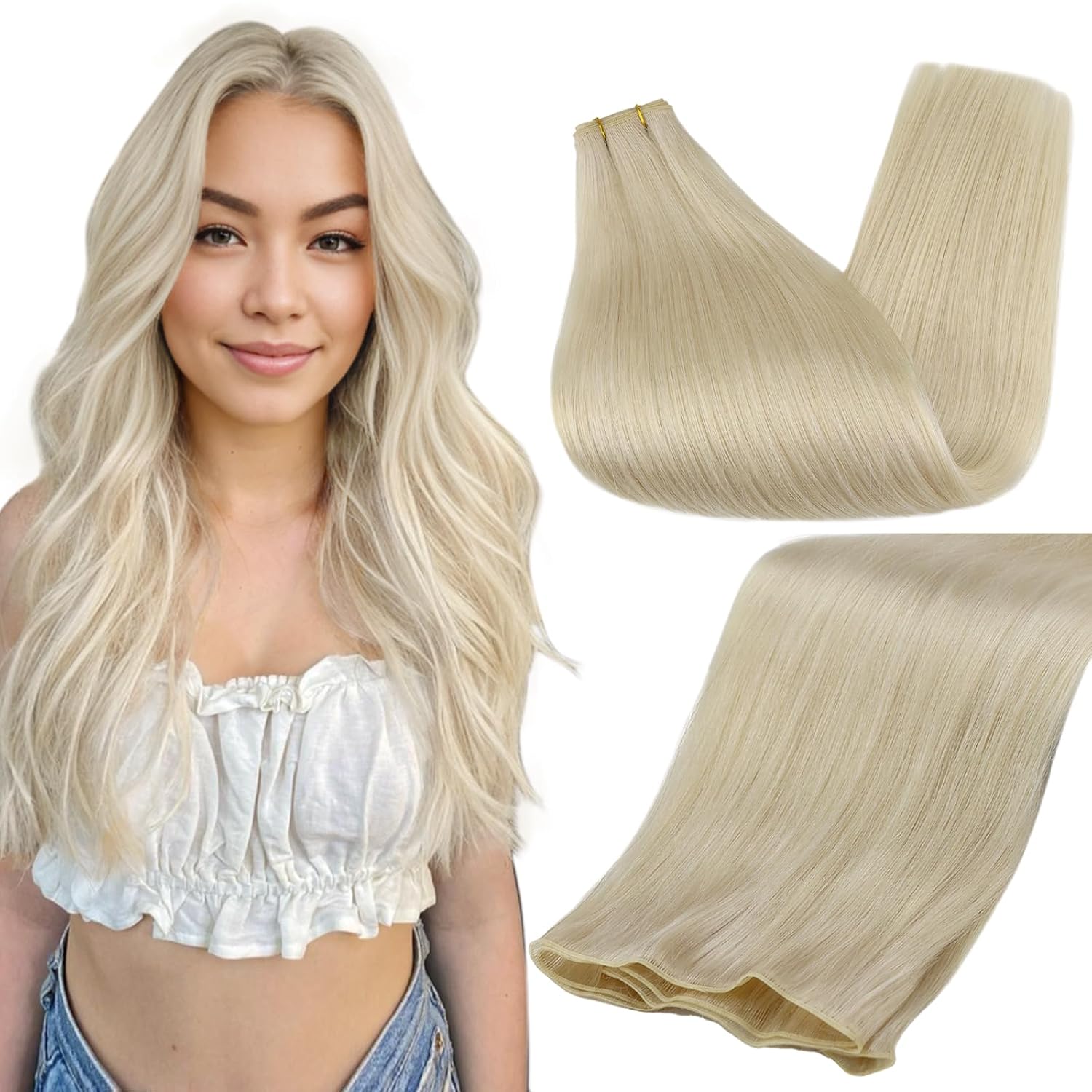 Detalle de Full Shine Genius Weft Remy Straight Hair Extensions (Sew-In Weft) – Platinum Blonde, 22 Inch, 80G