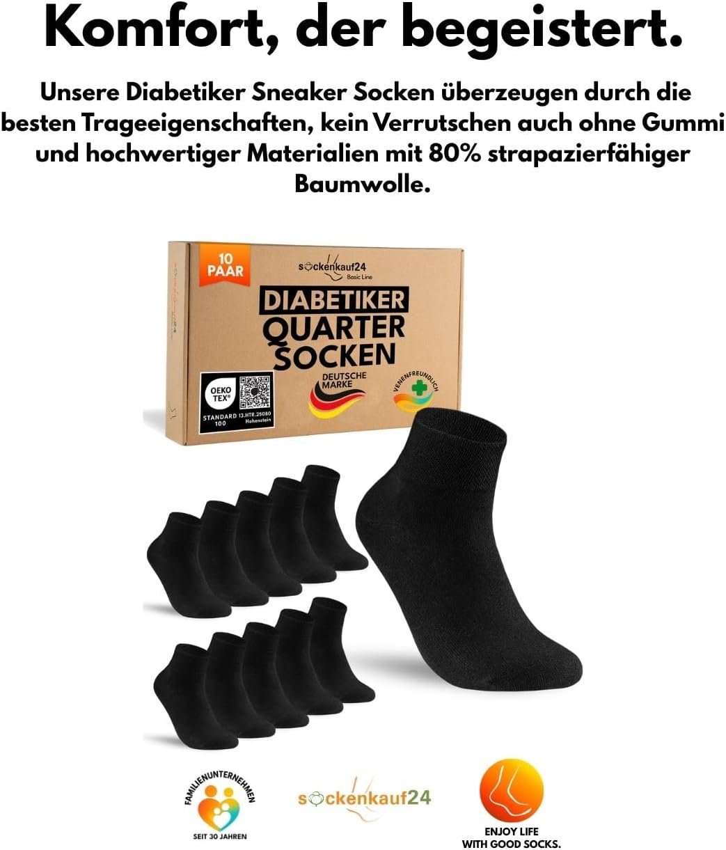 Detalle de sockenkauf24 10 Paar kurze Diabetikersocken Quarter – ohne Gummibund, nahtfrei, venenerfreundlich