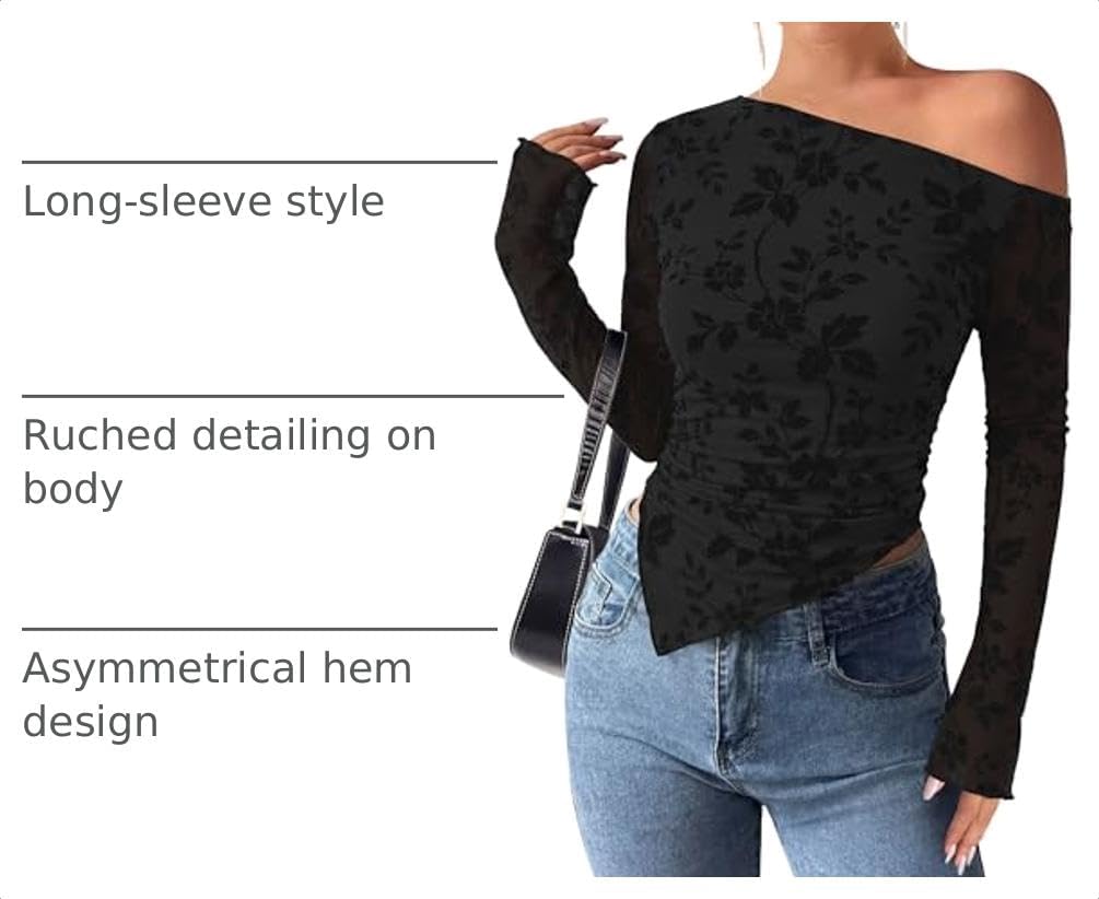 Detalle 2 de PRETTYGARDEN Off-Shoulder Mesh Top, Long Sleeves, Floral Tie-Dye, Asymmetrical Hem
