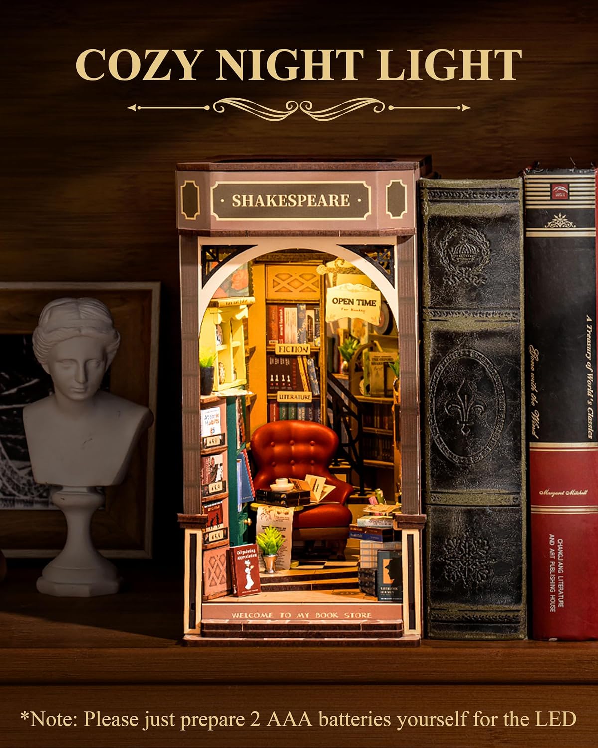 Detalle de Rolife Book Nook Kits for Adults (TGB07) – Shakespeare Bookstore DIY miniature with LED light