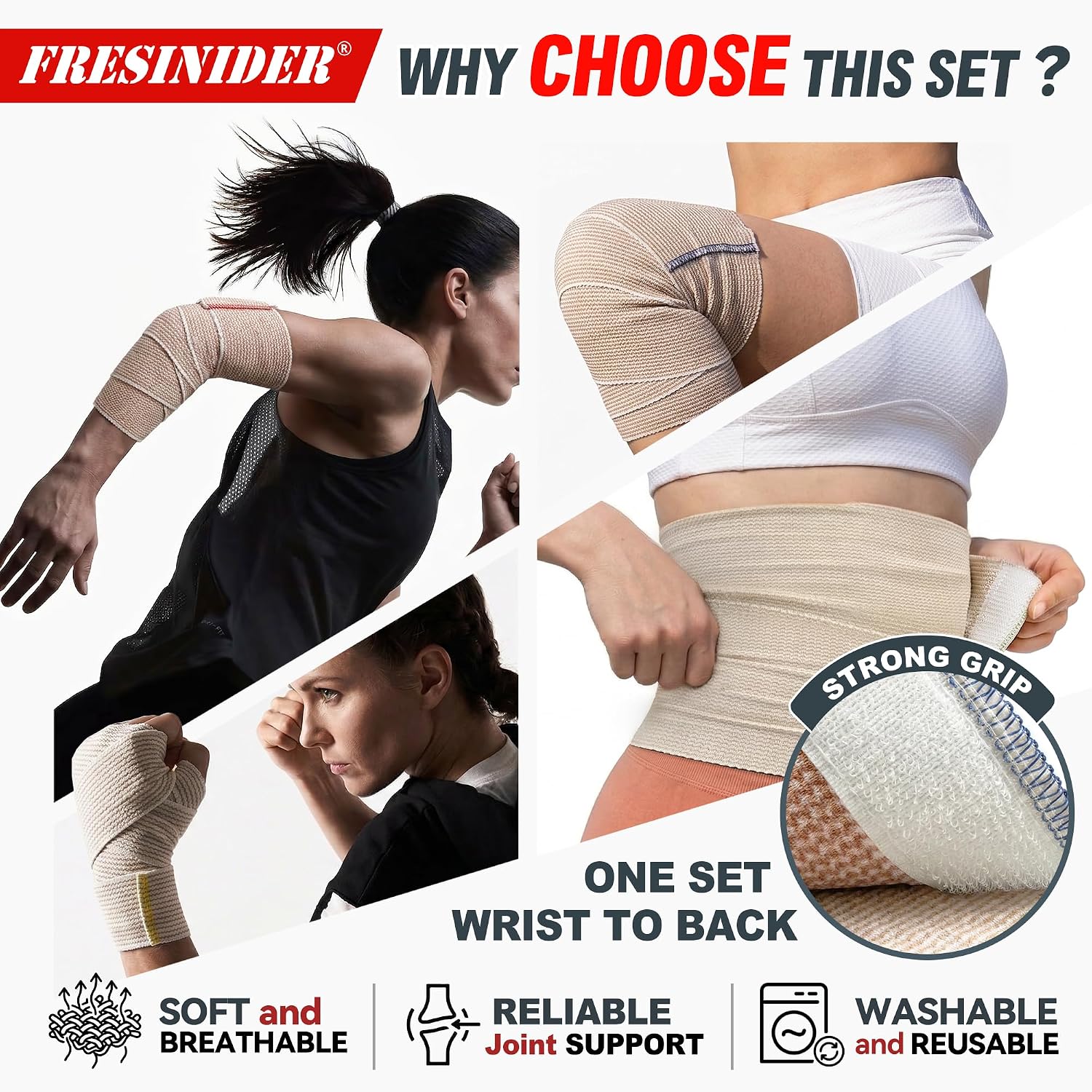 Detalle de FRESINIDER Elastic Bandage Wraps, 8-Pack Cotton Set with Hook-and-Loop Ends