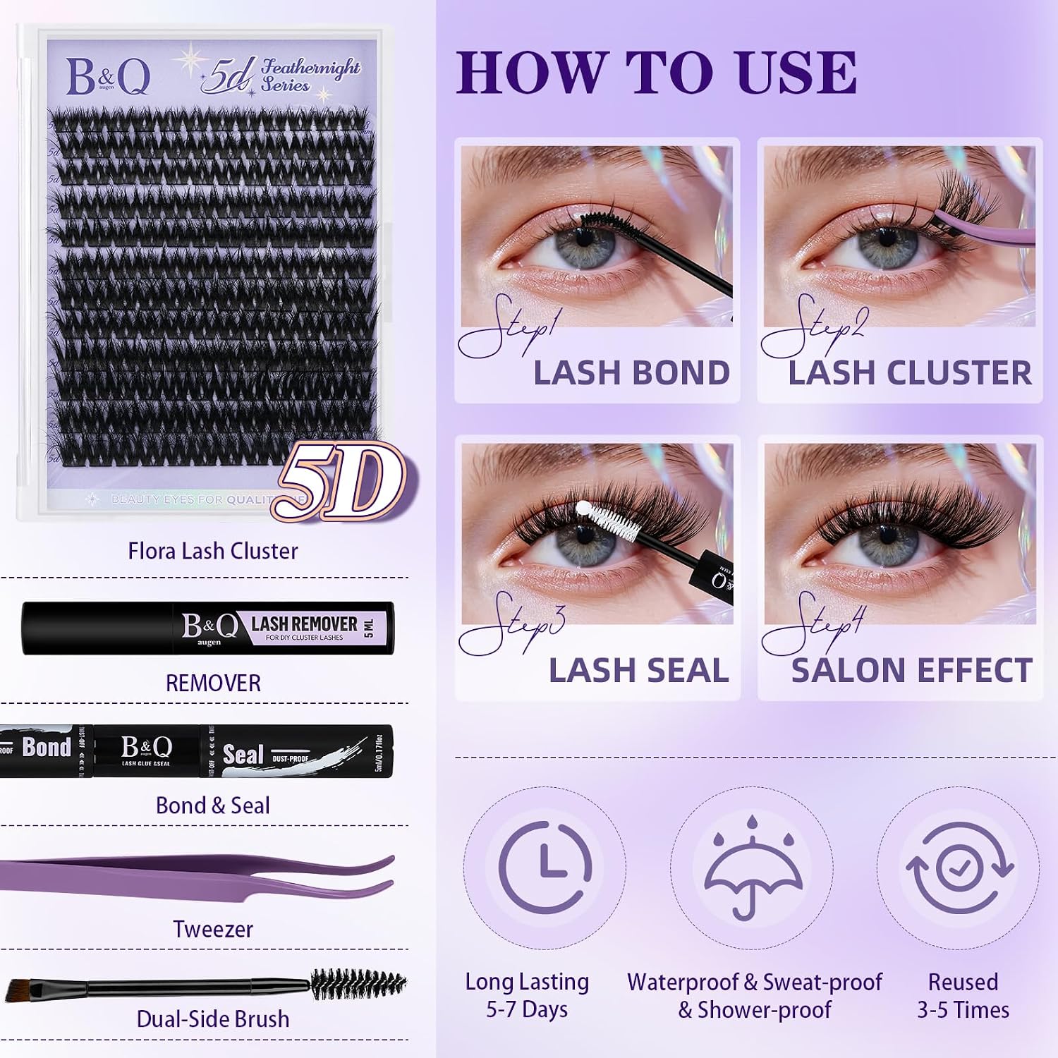 Thumbnail 5 de B&Q Fluffy Lash Clusters Kit Feath5D Flora Wispy Lashes – 144pcs, C Curl, 8-18 Mix