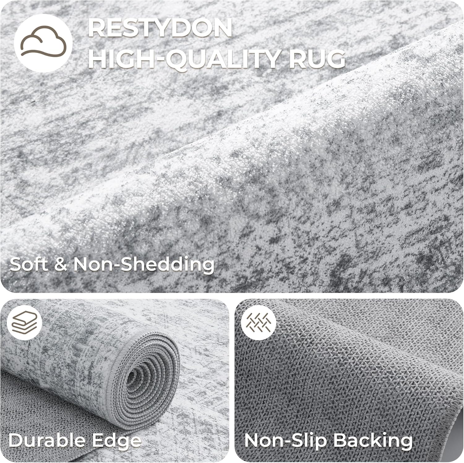 Thumbnail 6 de Restydon Washable 2x6 Runner Rug with Non-Slip Backing (Grey/Ivory) for Bedroom, Kitchen, and Hallways
