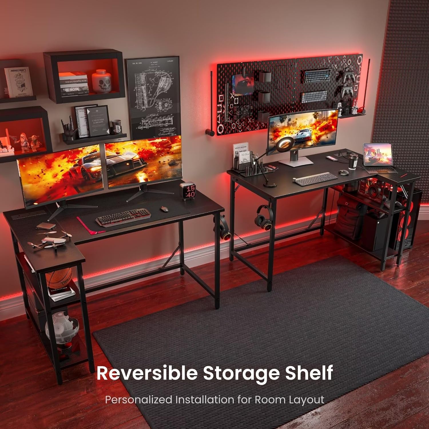 Thumbnail 3 de DOMSHOCT 120 x 70cm L-shaped gaming desk with power outlets, reversible storage shelves and headphone hook (black)