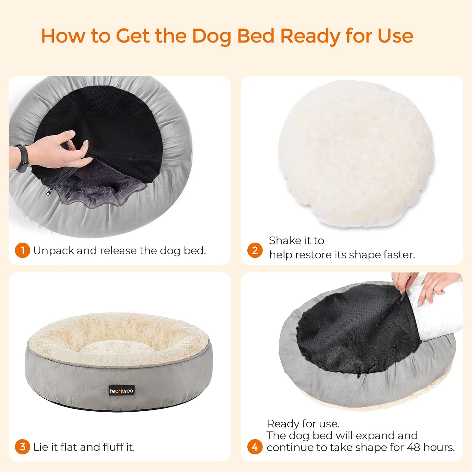 Detalle de FEANDREA Dog Bed, Doughnut Cat Bed, Round, 50 cm Dia., Light Grey