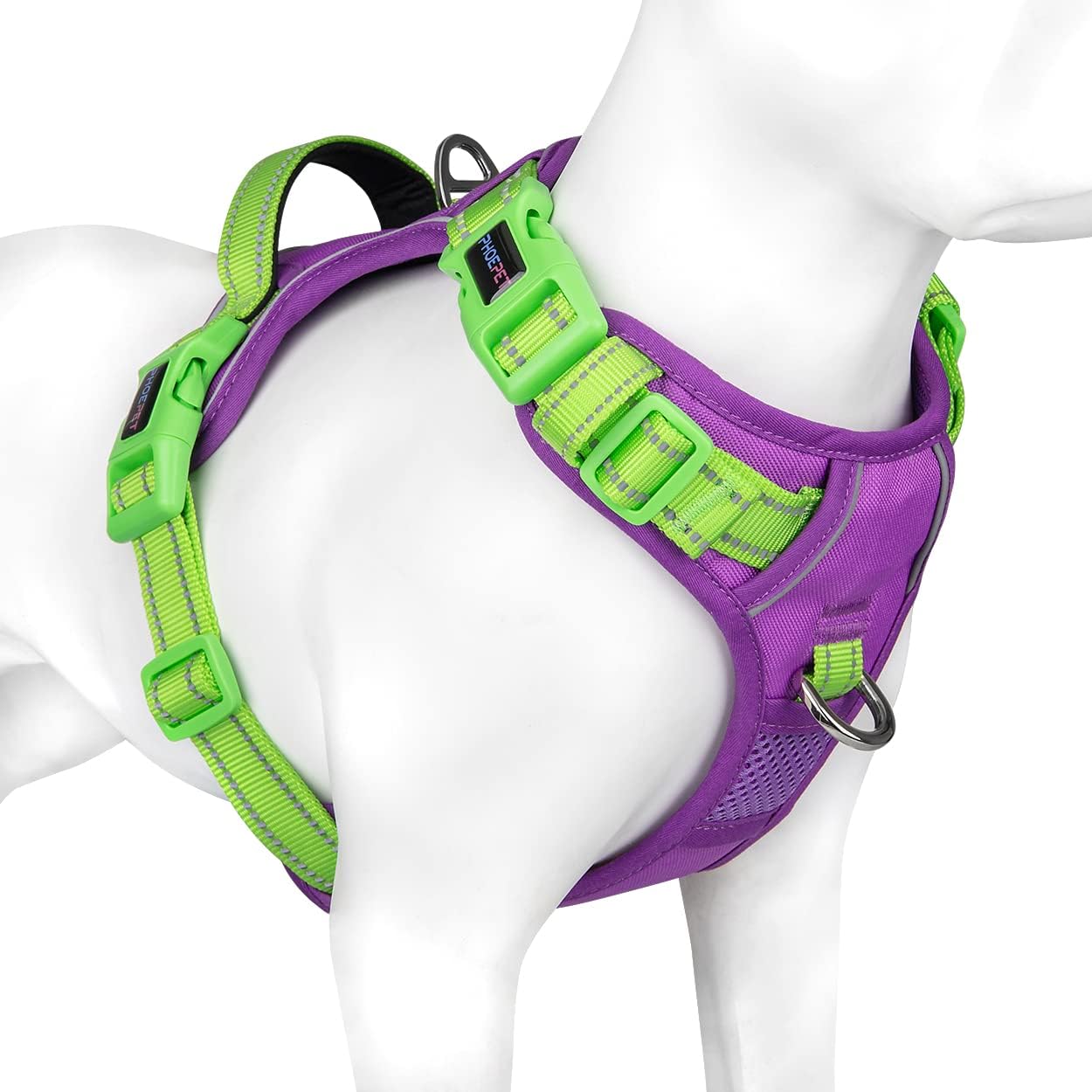 Detalle de PHOEPET No-Pull Hundewestengeschirr mit verstellbaren Gurten und Reflexstreifen – Violett/Grün