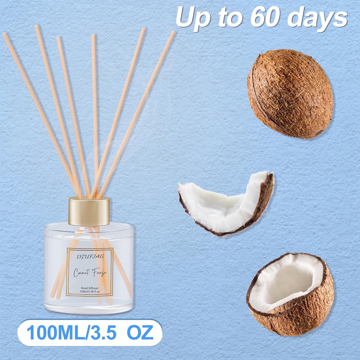 Detalle 2 de DIUFJAG doftspridare med pinnar, 100 ml kokosdoft och 6 fiberpinnar