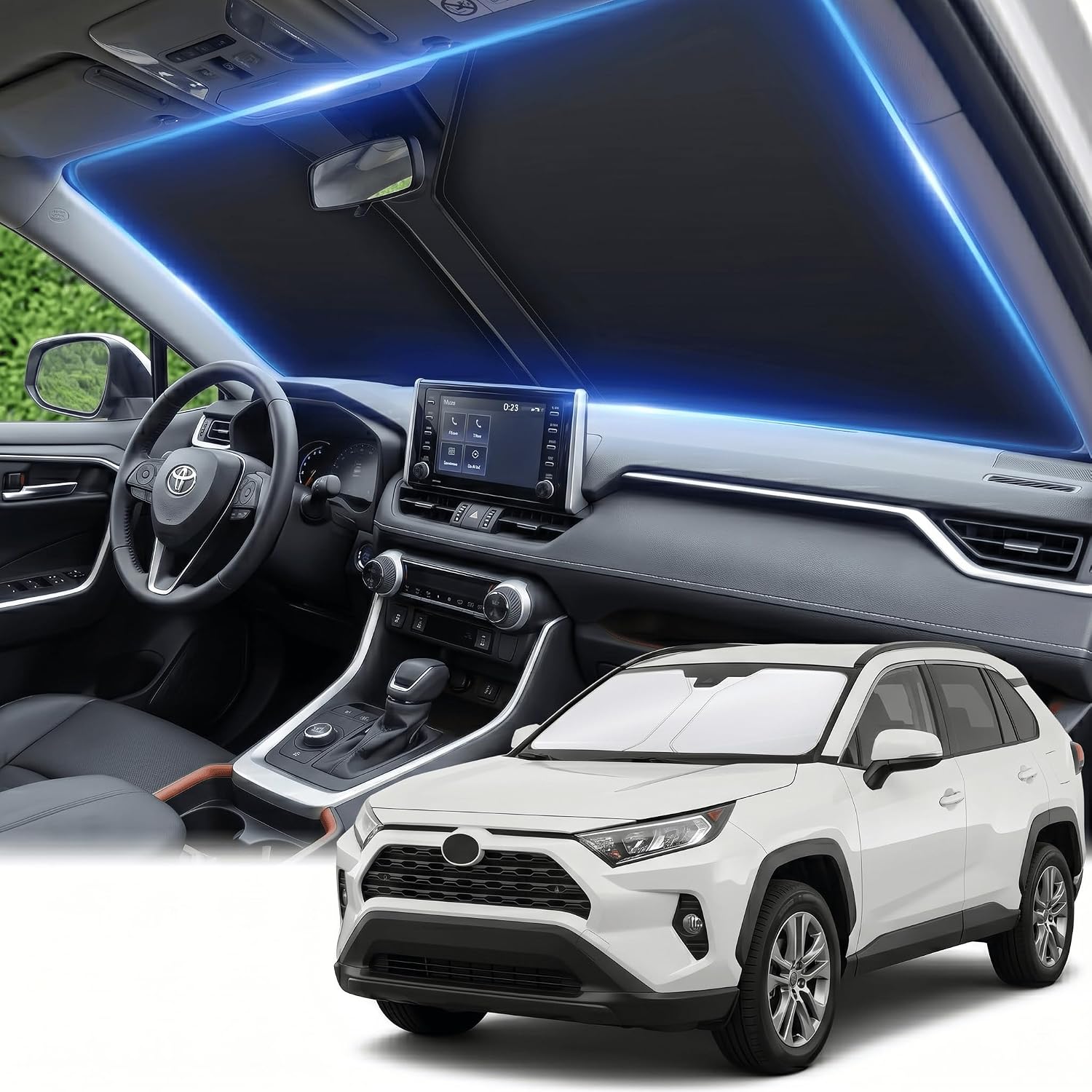 Detalle de Toyota RAV4 Windshield Sun Shade (2019–2026): Custom Front Window Shade for LE, XLE, Premium, XSE, Limited, SE, TRD Off-Road
