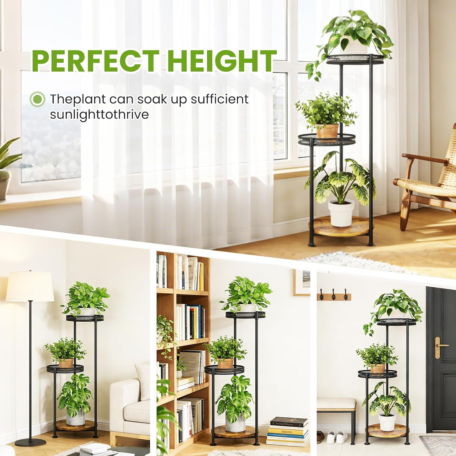 Detalle de Atpddpey 3-Tier Corner Plant Stand, Metal and Wood with Adjustable Feet