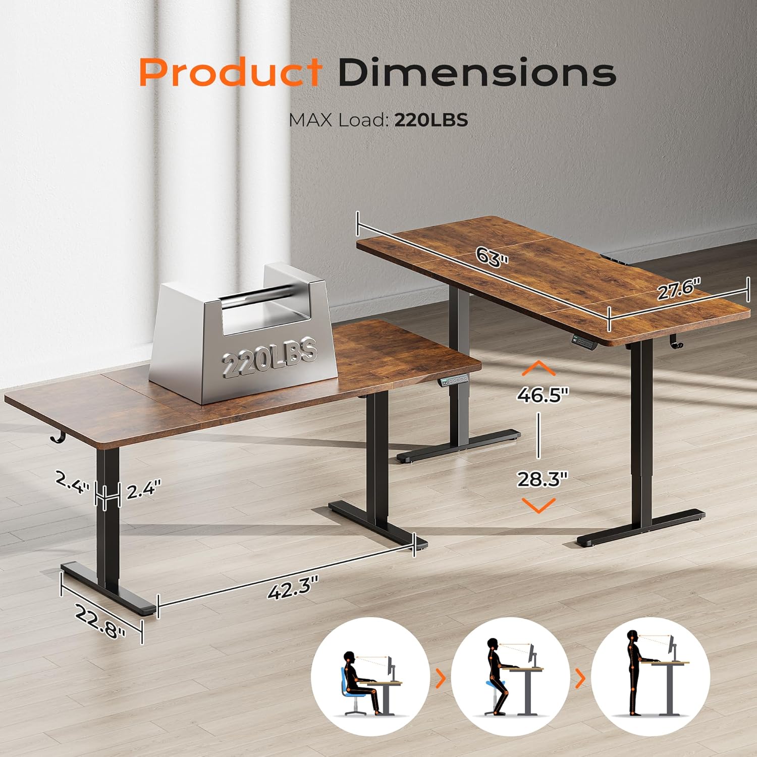 Detalle 2 de Huuger 63 x 28 Large Electric Standing Desk with 3 Preset Heights and LED Keypad (Rustic Brown)