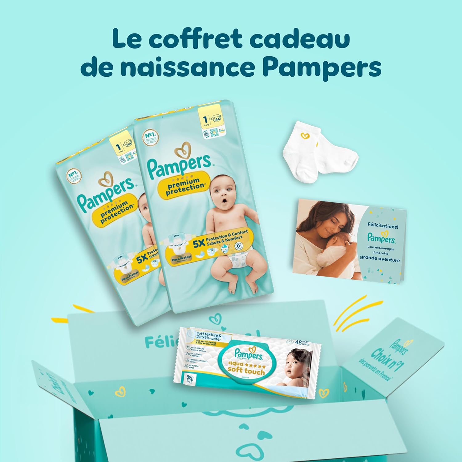 Thumbnail 1 de Coffret cadeau naissance Pampers Premium Protection (Taille 1) + lingettes Aqua Soft Touch